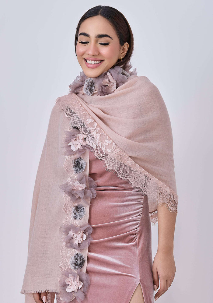 Lt. Copper Cashmere ScarfLace, 3D Applique & Gray faux Fur Pom Poms