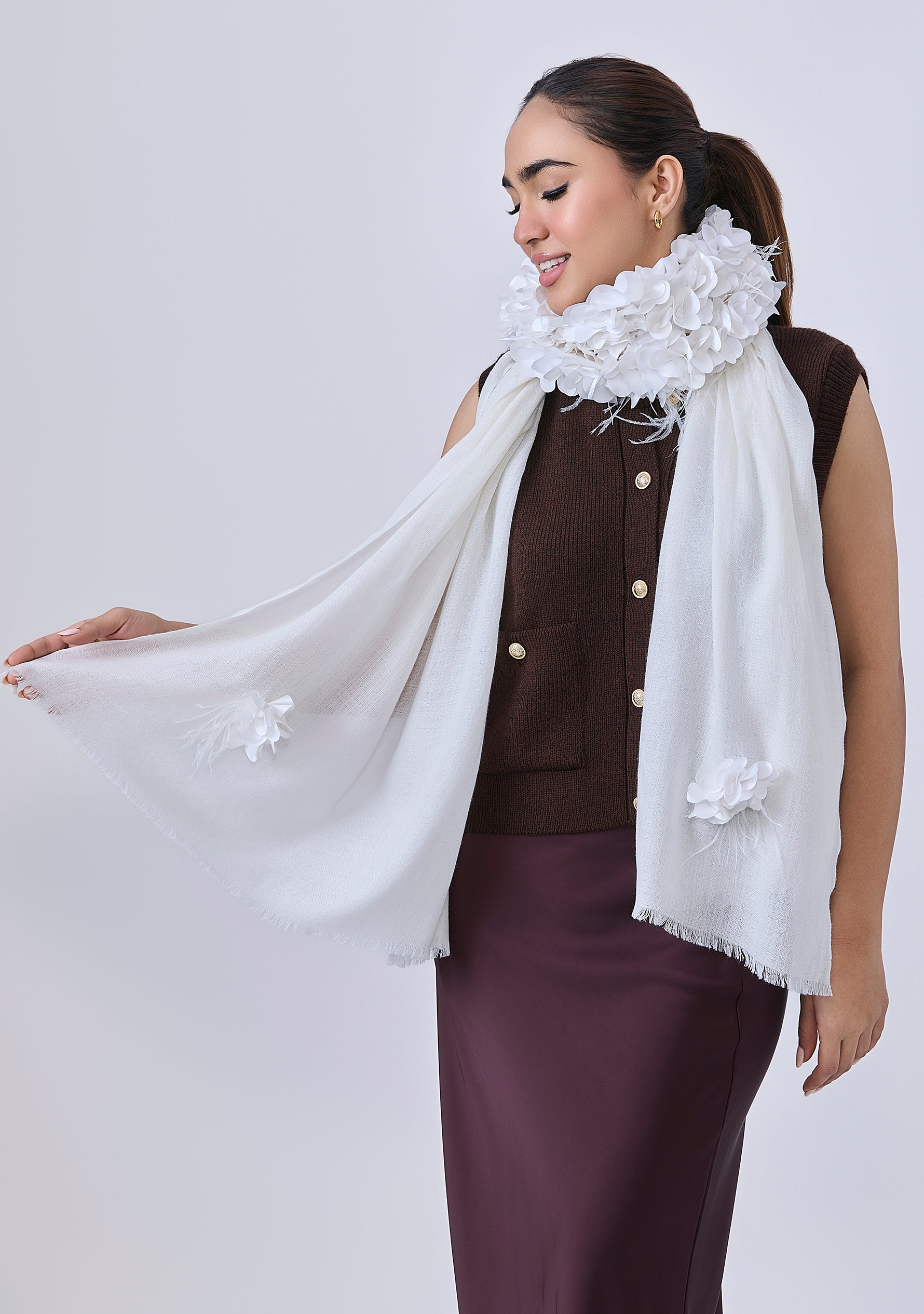 Ivory Cashmere Scarf with a Ivory Feather and Ivory Satin Leaf Collar and Appliques