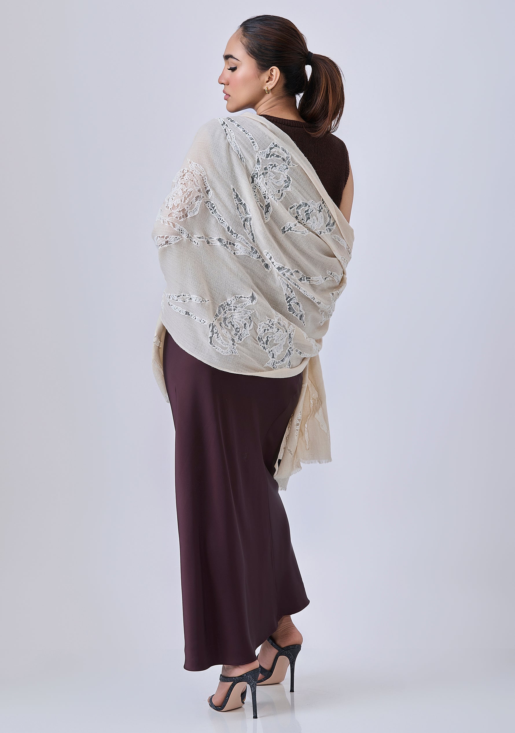 Beige Cashmere Scarf with Ivory Rose Lace Applique