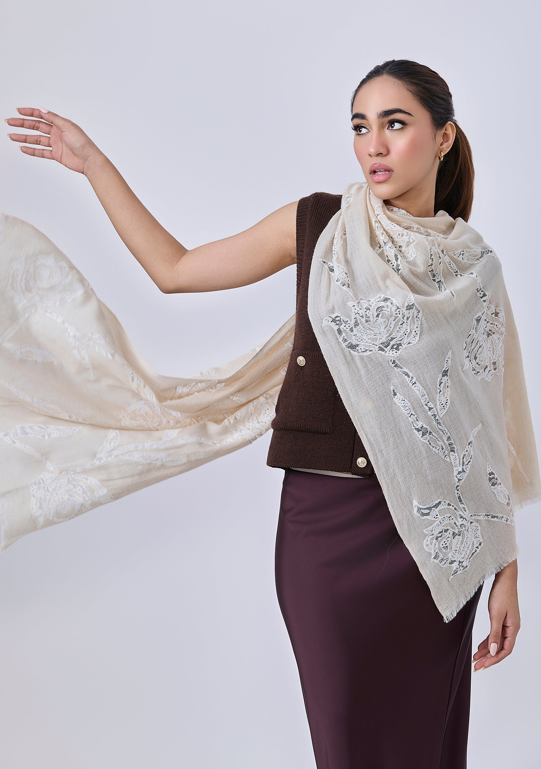 Beige Cashmere Scarf with Ivory Rose Lace Applique