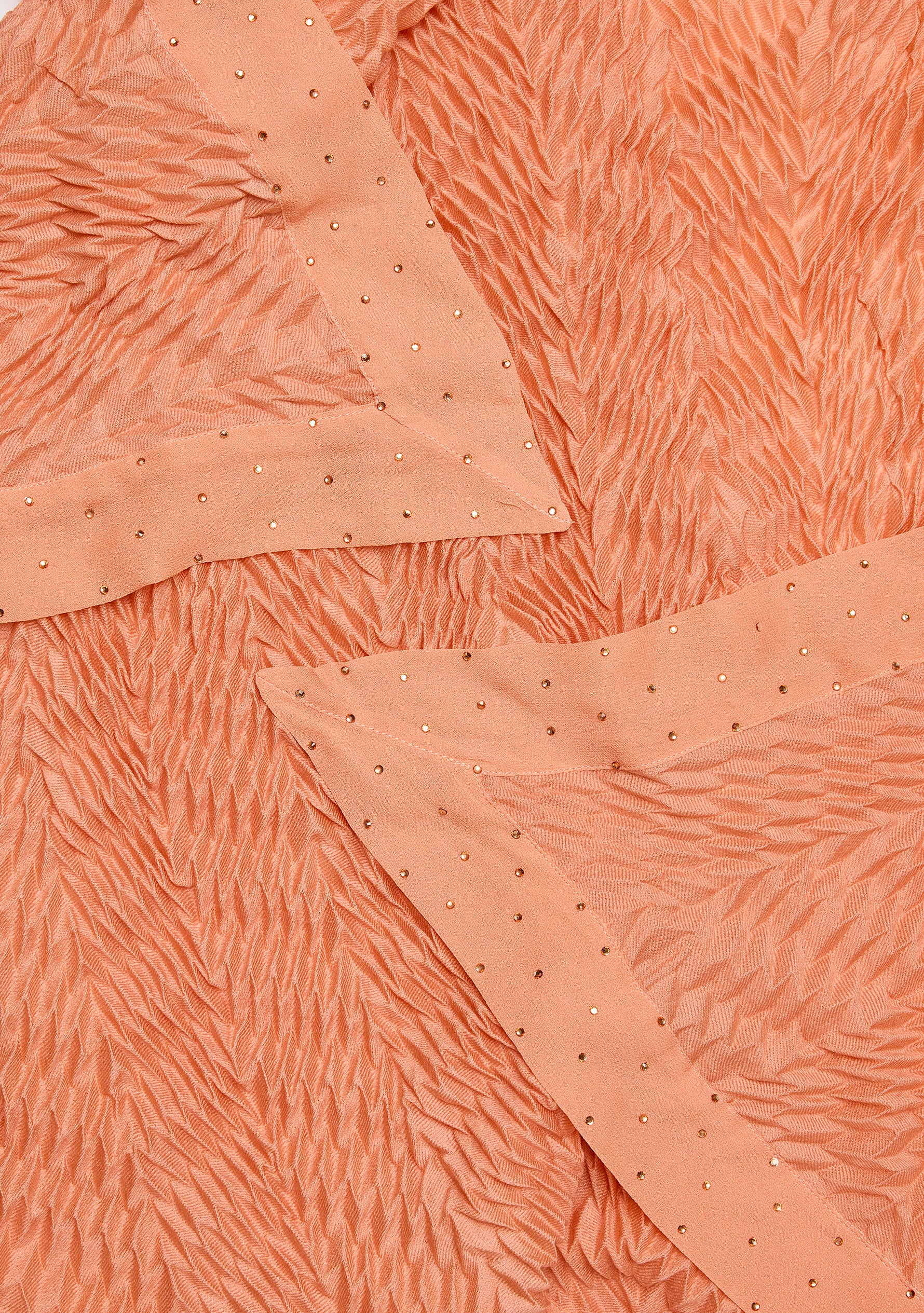 Salmon Pleated Wool and Silk Scarf with Salmon Georgette and Crystal Border