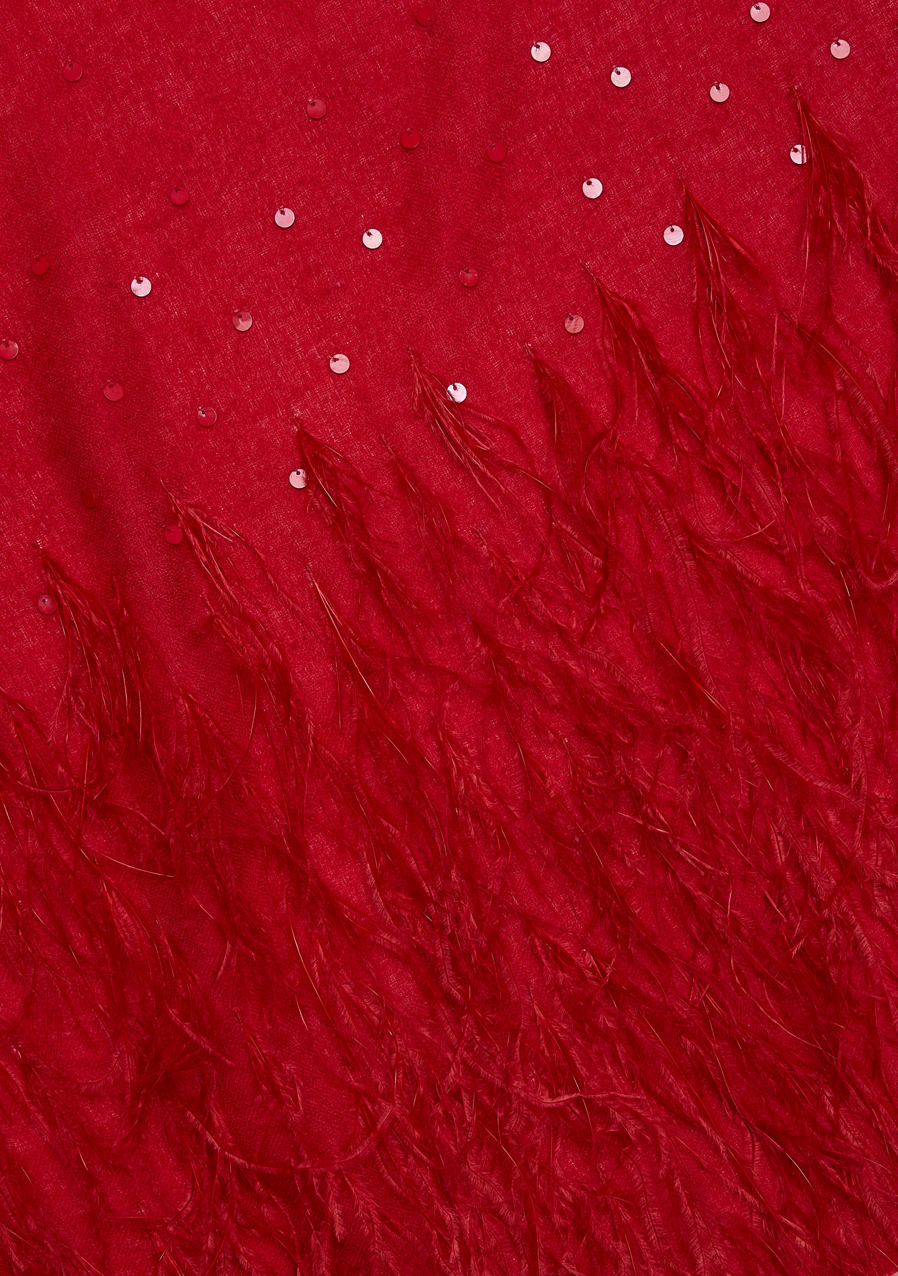 Tomato Red Cashmere Scarf with Tomato Red Ostrich Feathers and Tomato Red Sequin