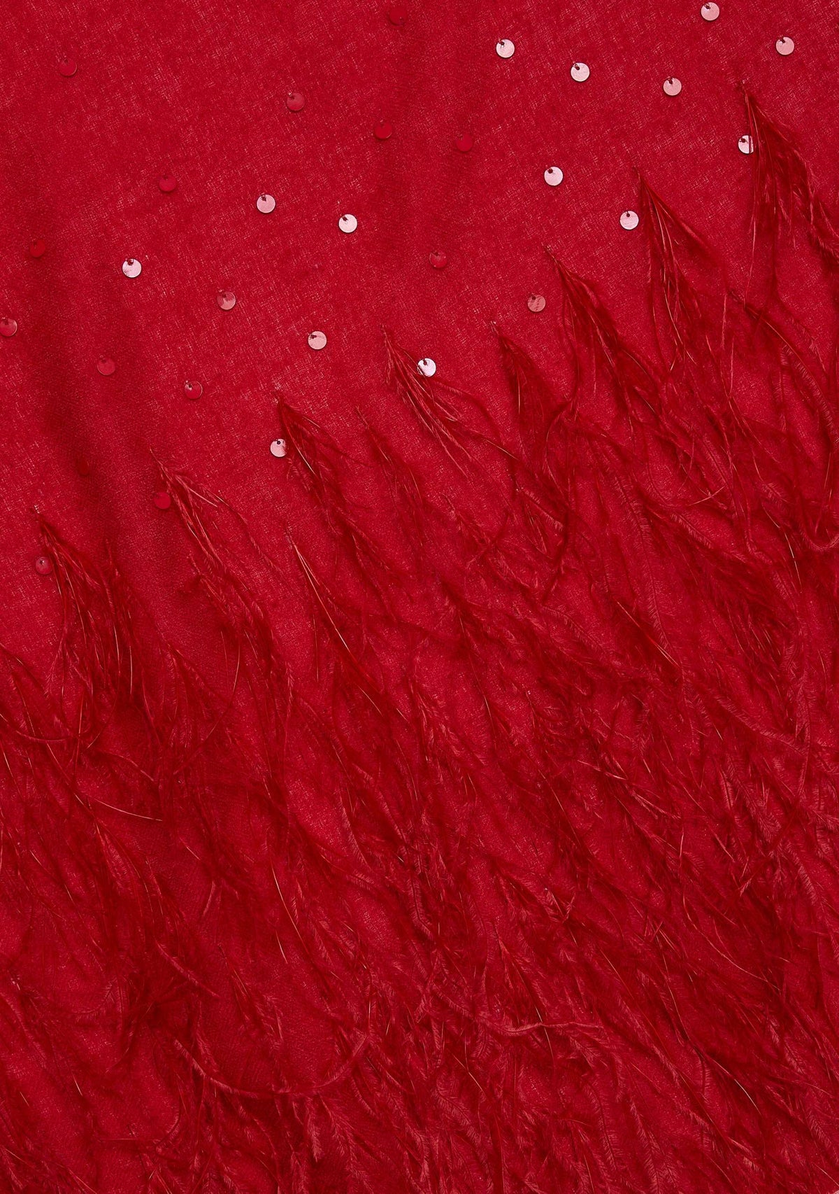 Firecracker Red Cashmere Pashmina Scarf Red Ostrich Feathers & Sequin