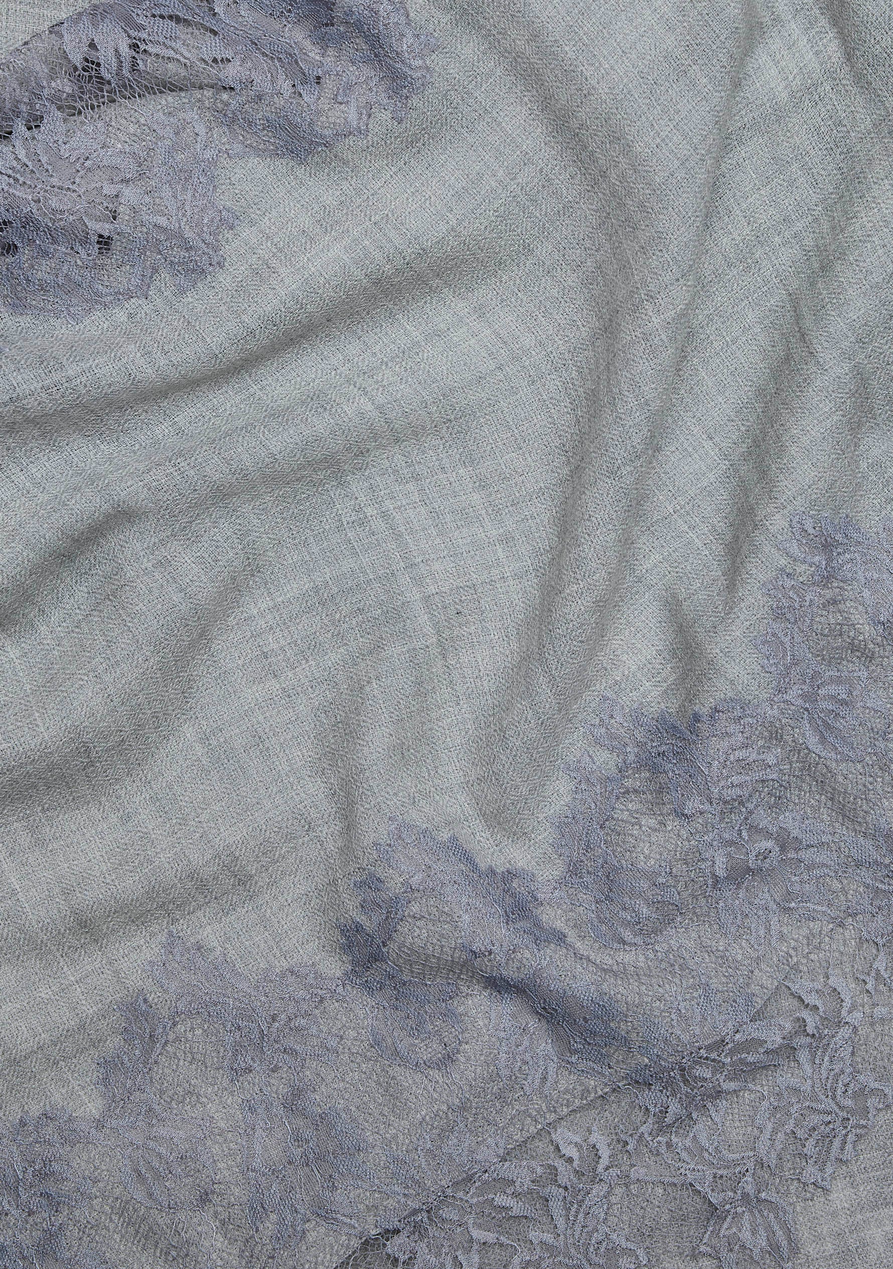 Lt. Grey Melange Wool and Silk Scarf with Dk. Grey Floral Lace Panels