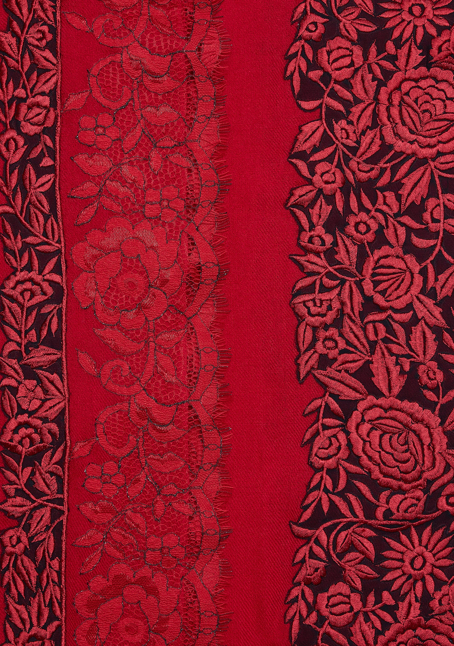 Red Cashmere Scarf with Black and Red Embroidery and Filigree Lace