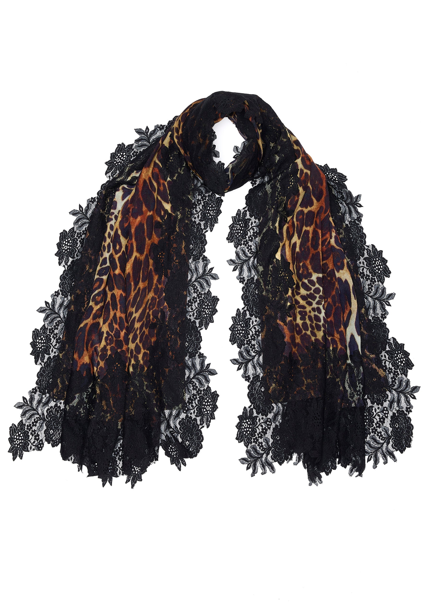 Black Leopard Print Wool and Silk Scarf with a Black Floral Lace Border