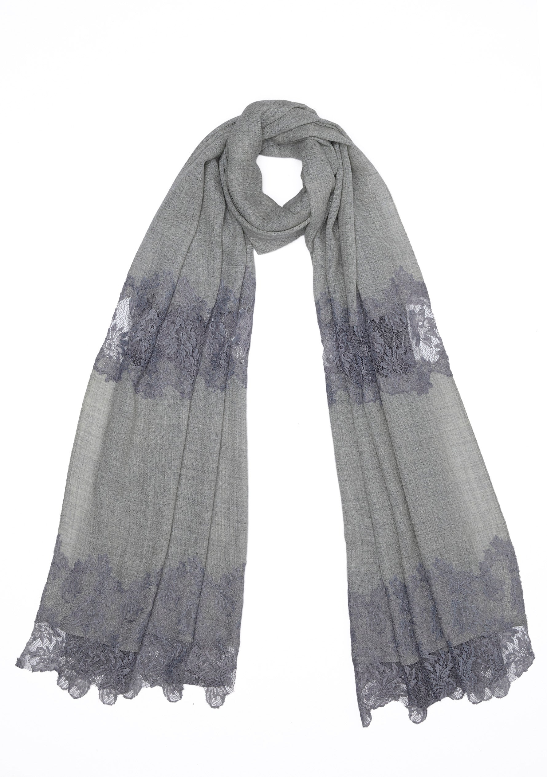 Lt. Grey Melange Wool and Silk Scarf with Dk. Grey Floral Lace Panels