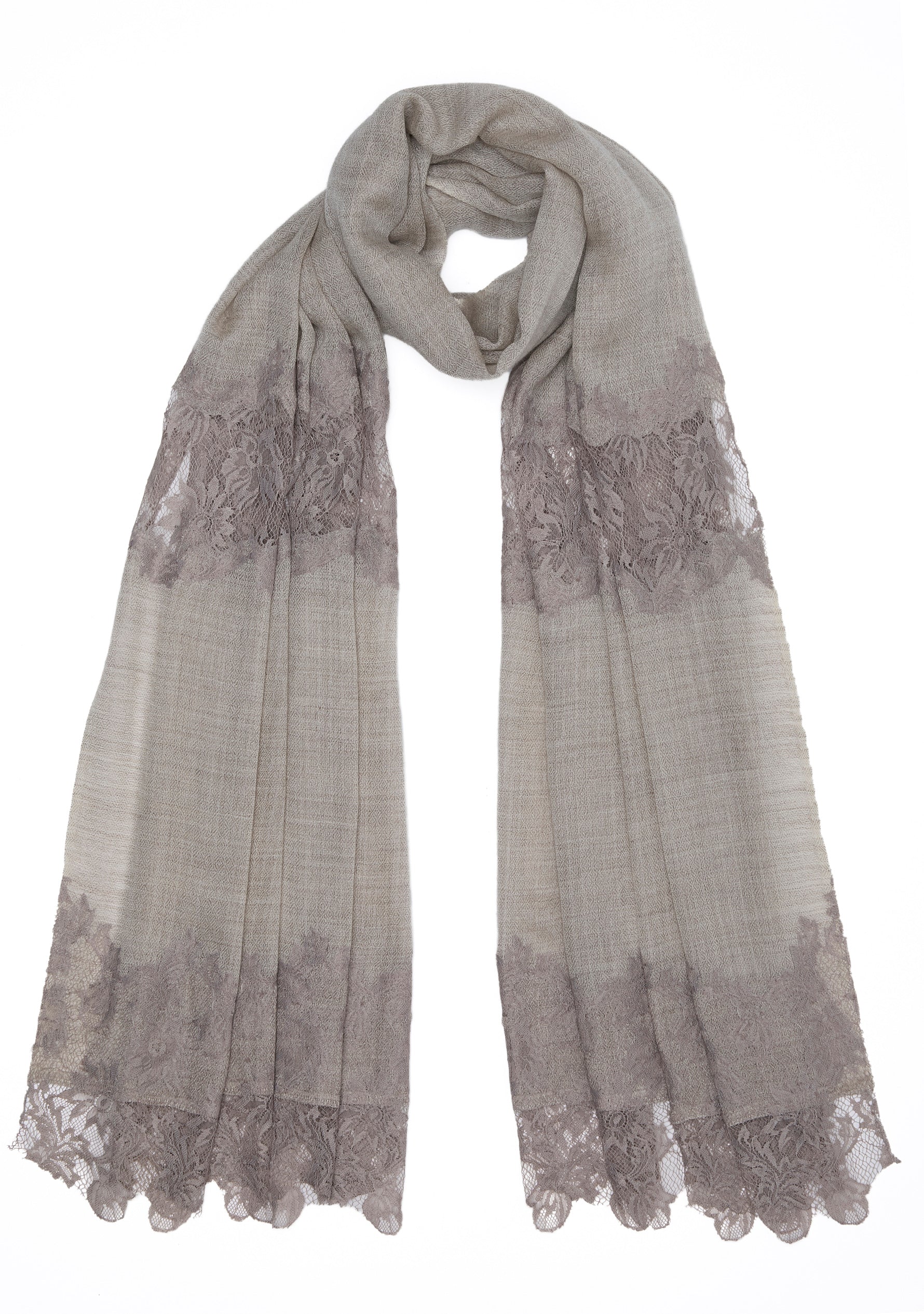 Taupe Melange Wool and Silk Scarf with Dk. Taupe Floral Lace Panels