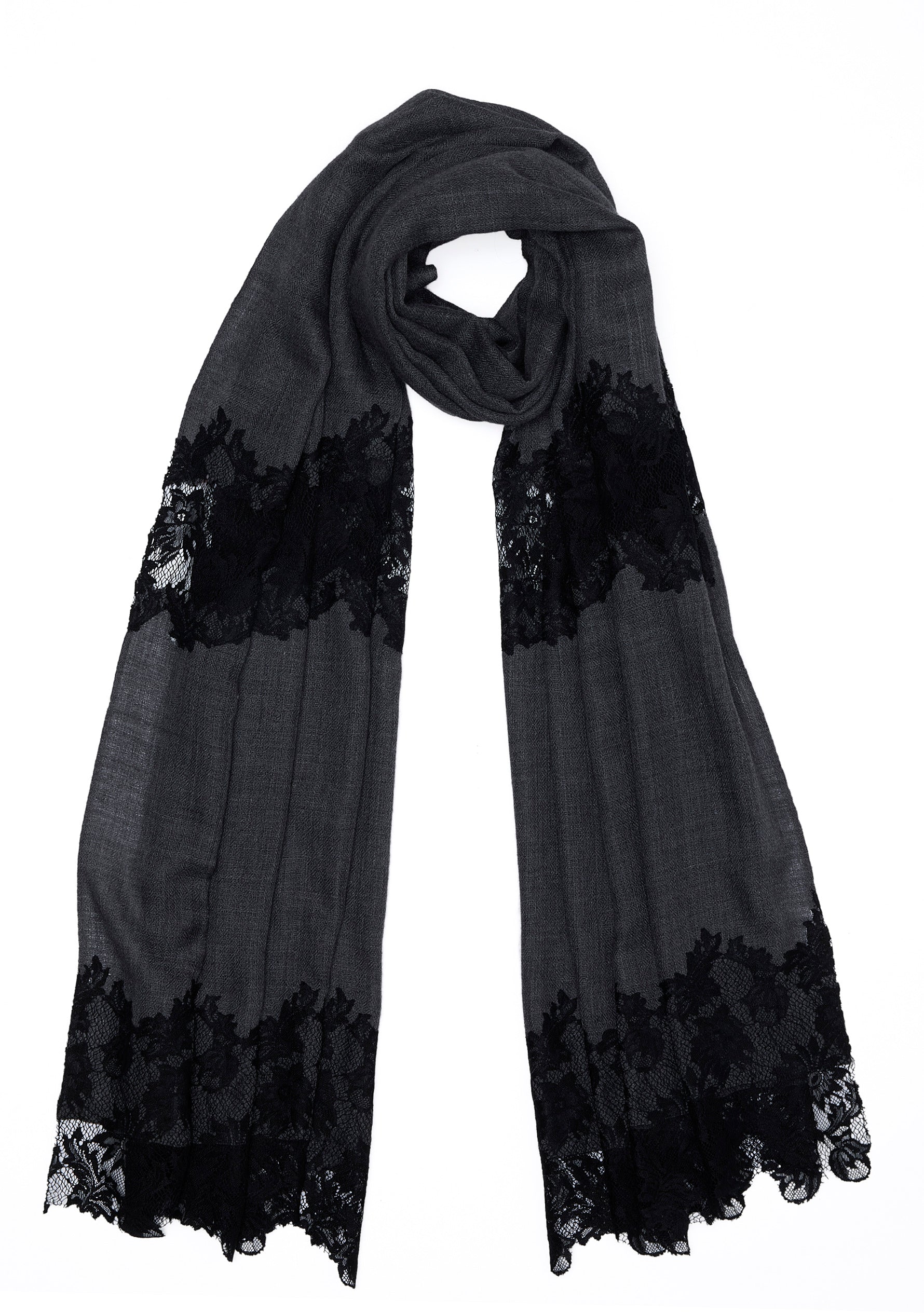 Charcoal Melange Wool and Silk Scarf with Black Floral Lace Panels