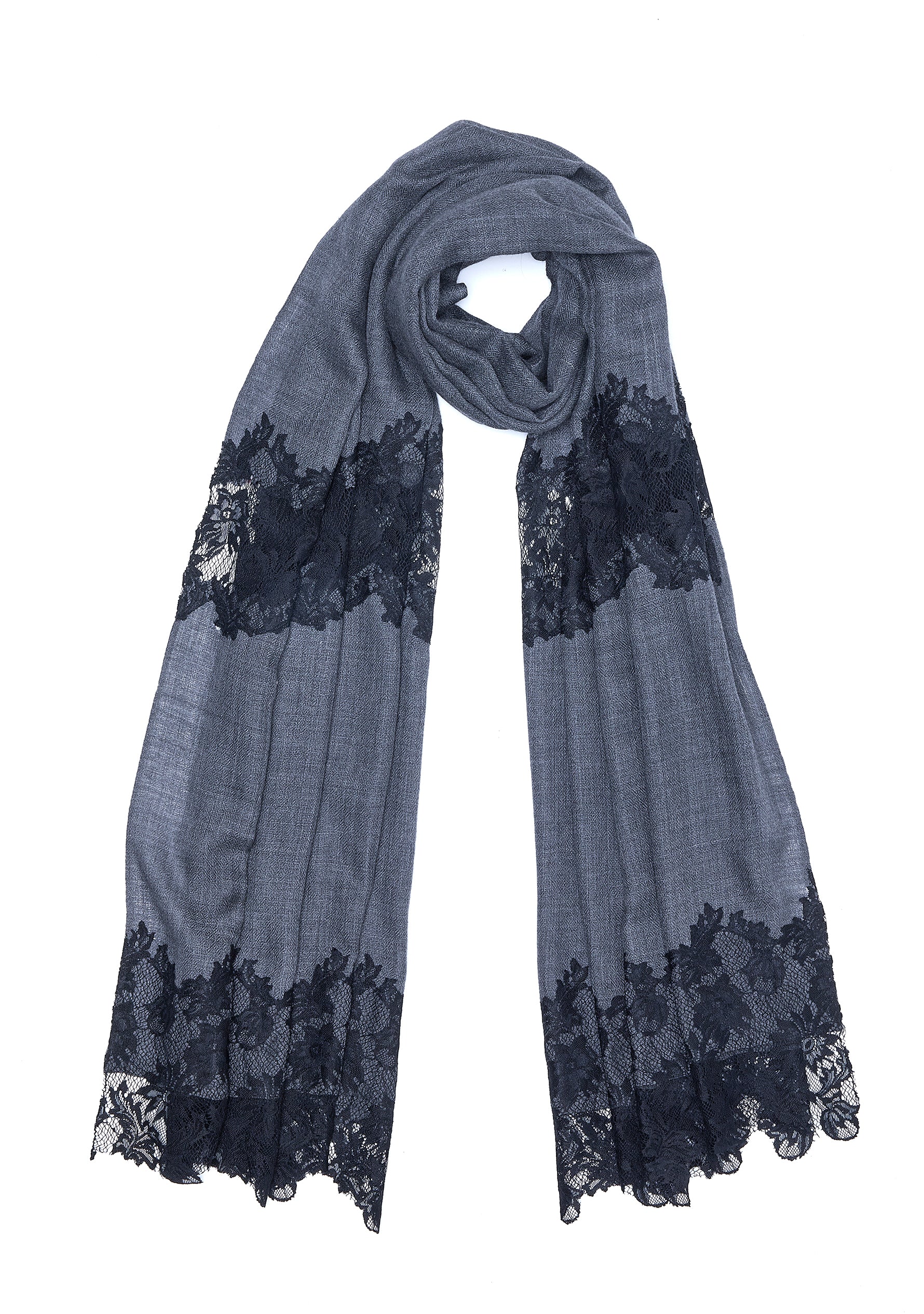 Charcoal Melange Wool and Silk Scarf with Black Floral Lace Panels