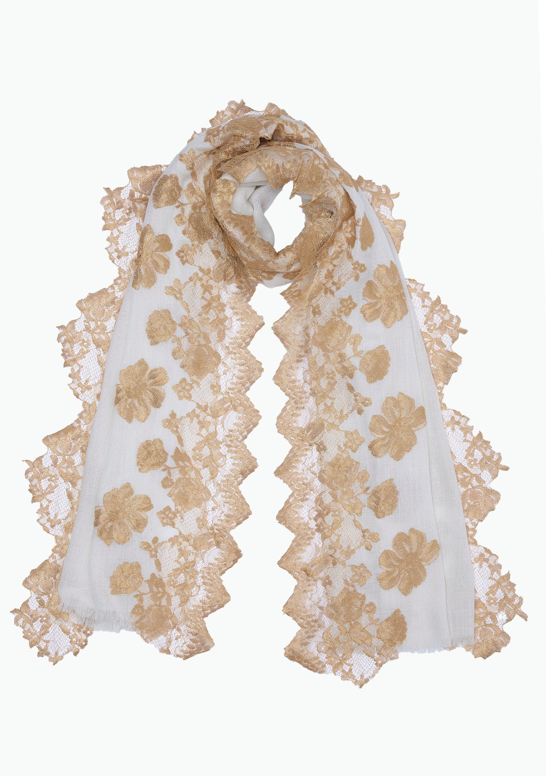 Ivory Cashmere Scarf Gold Lace