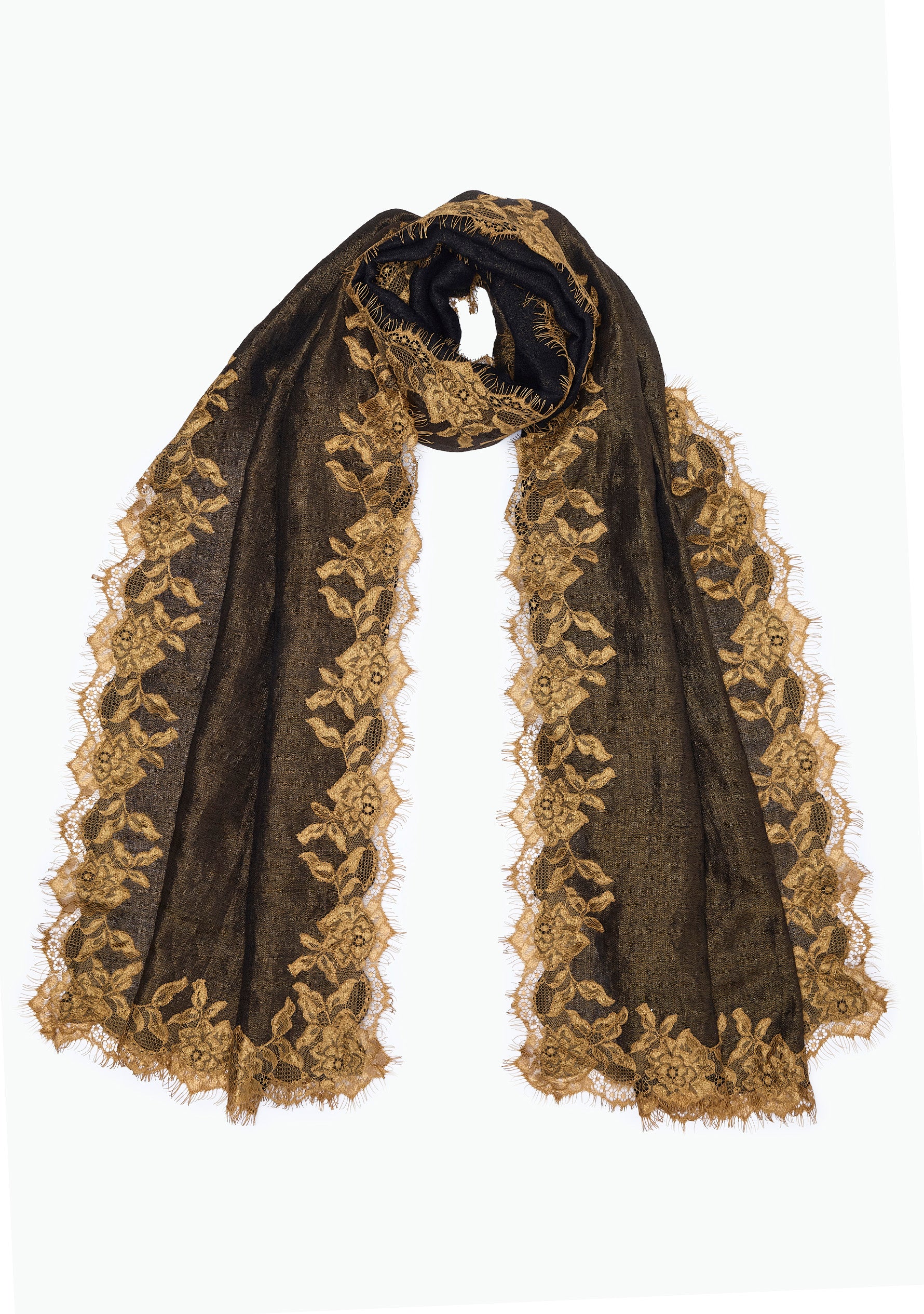 Black - Gold Wool & Silk Reversible Scarf Lt. Gold Lace