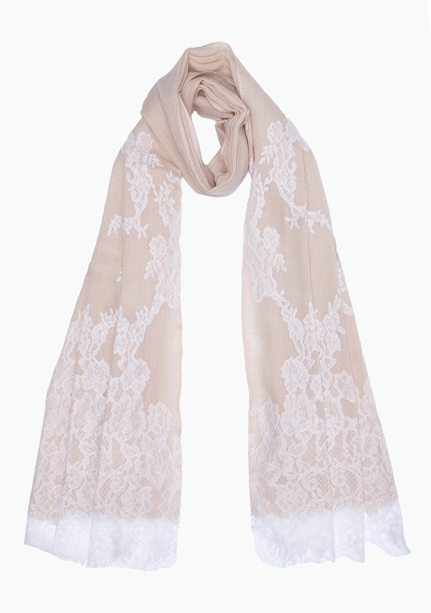 Beige Cashmere Scarf White Lace