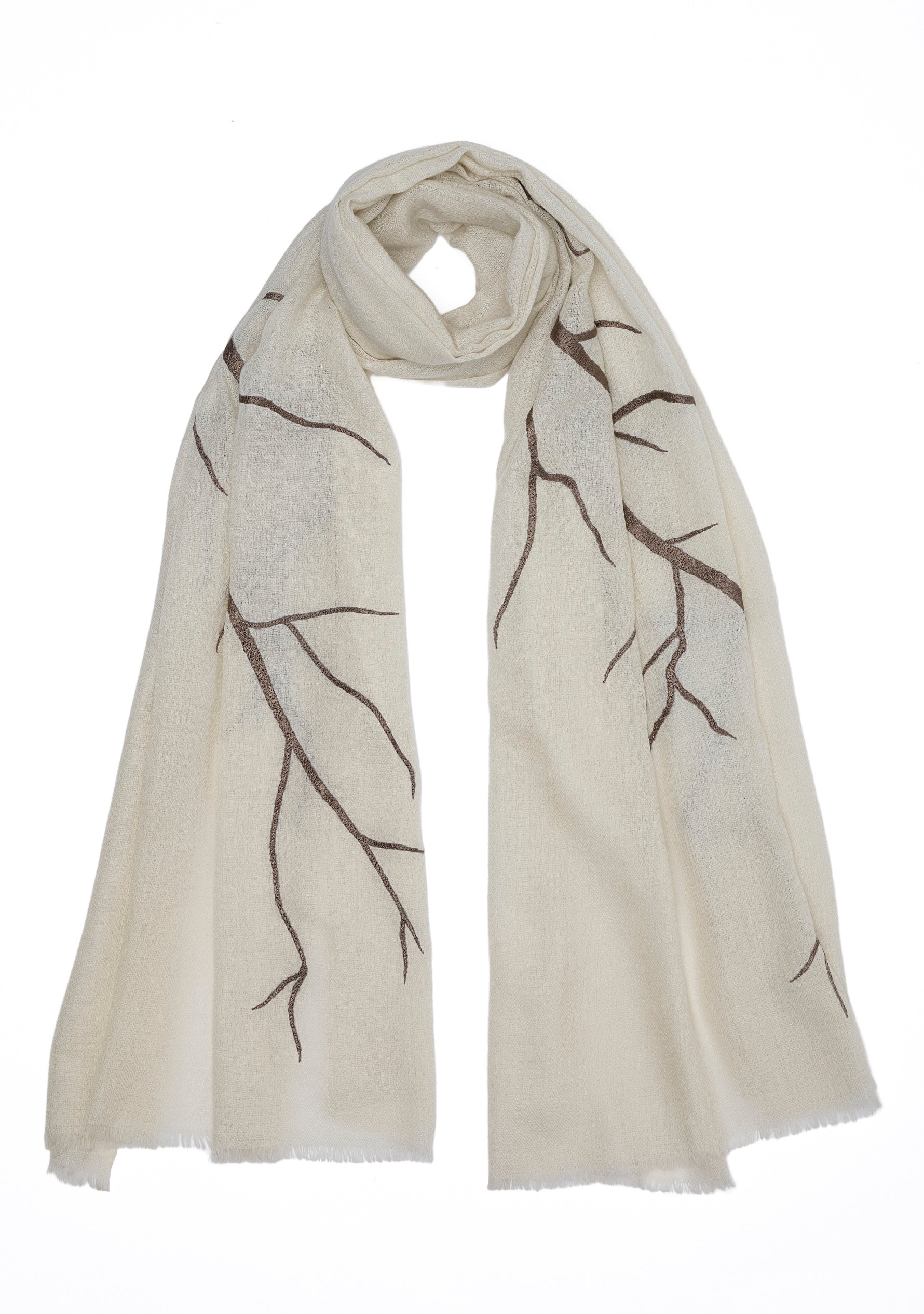 Ivory Cashmere Scarf with Taupe Embroidery