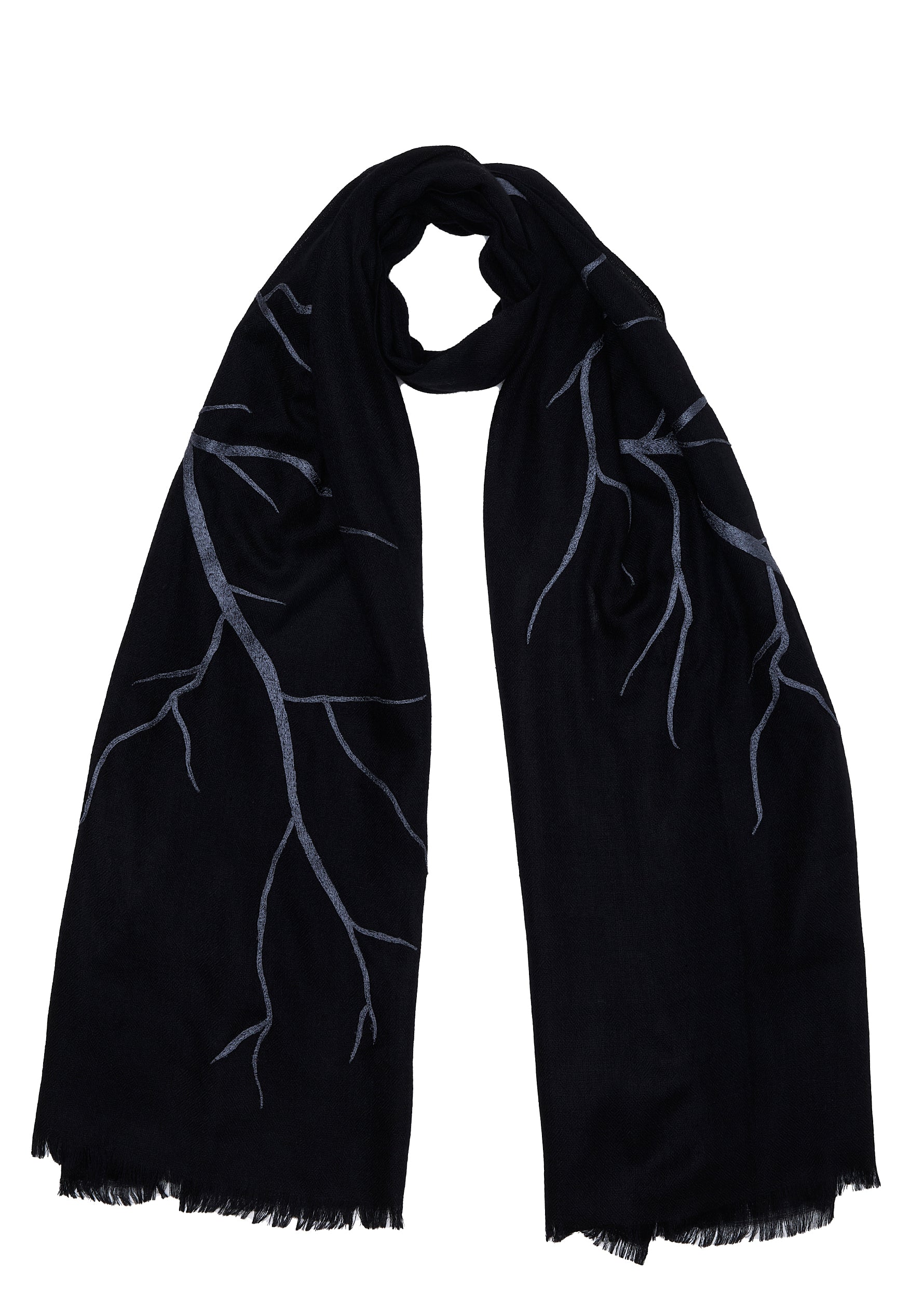 Black Cashmere Scarf with Steel Grey Embroidery