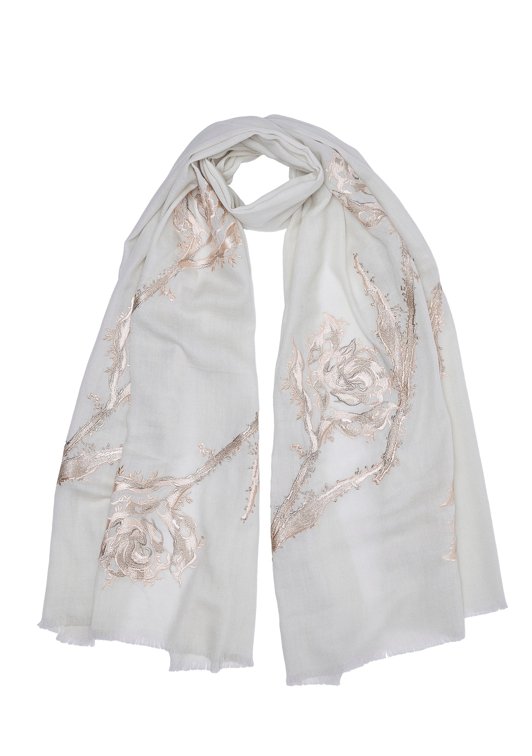 Ivory Wool & Silk Scarf Lt. Gold Rose Applique