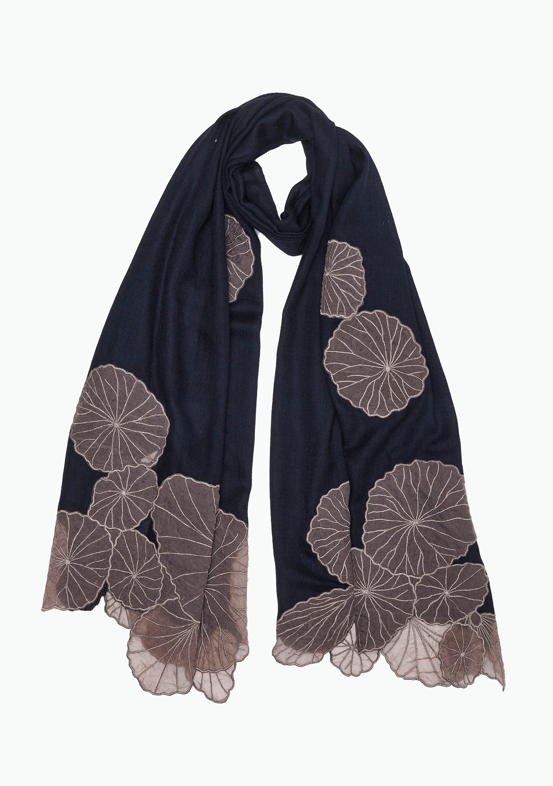 Black Cashmere Scarf Taupe Lotus Leaf appliqués