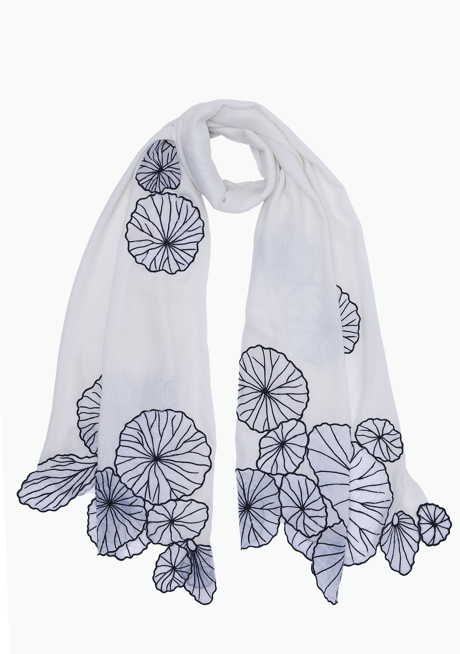 Ivory Cashmere Scarf White & Black Lotus Leaf appliqués