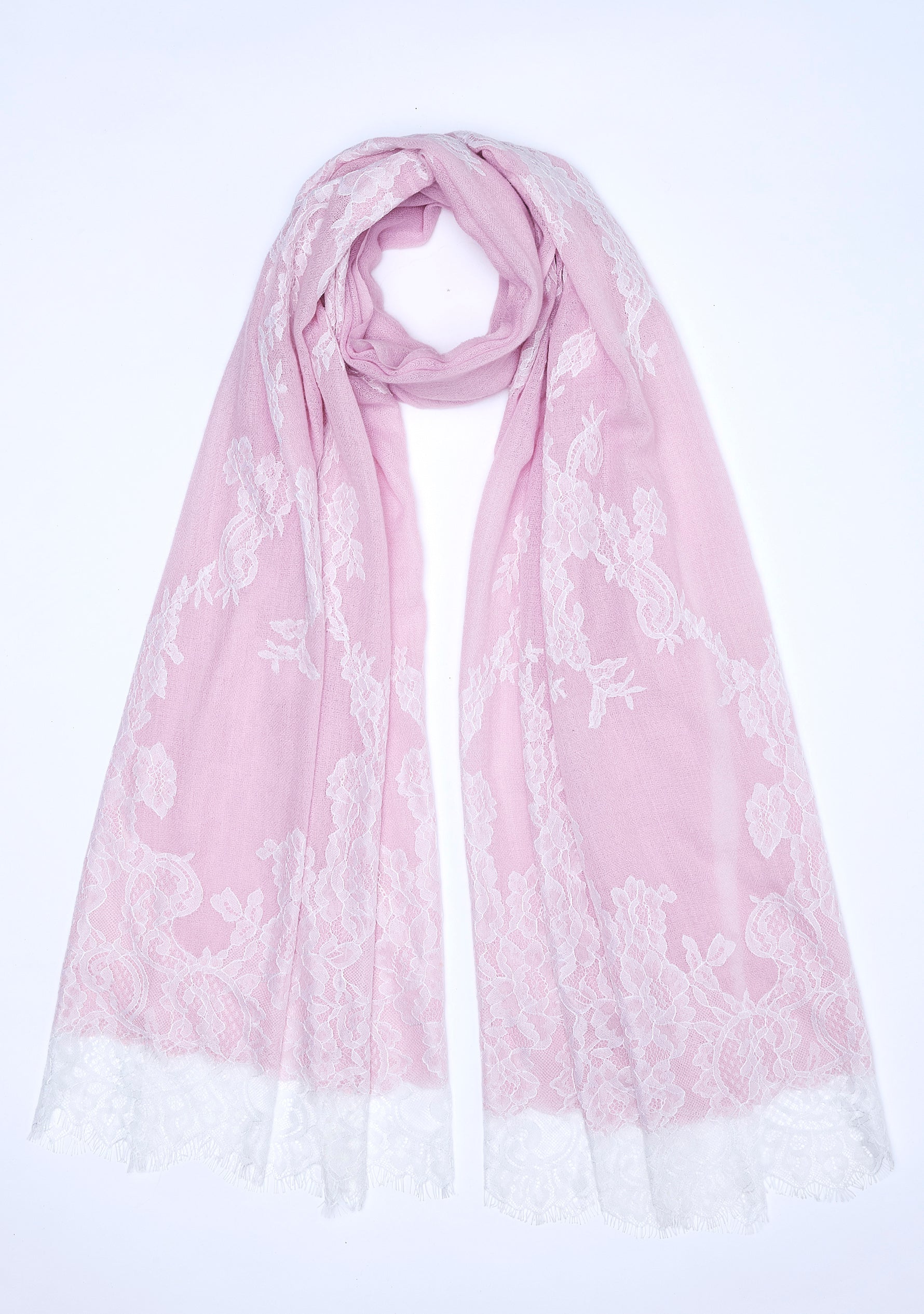 Baby Pink Cashmere Scarf White Lace