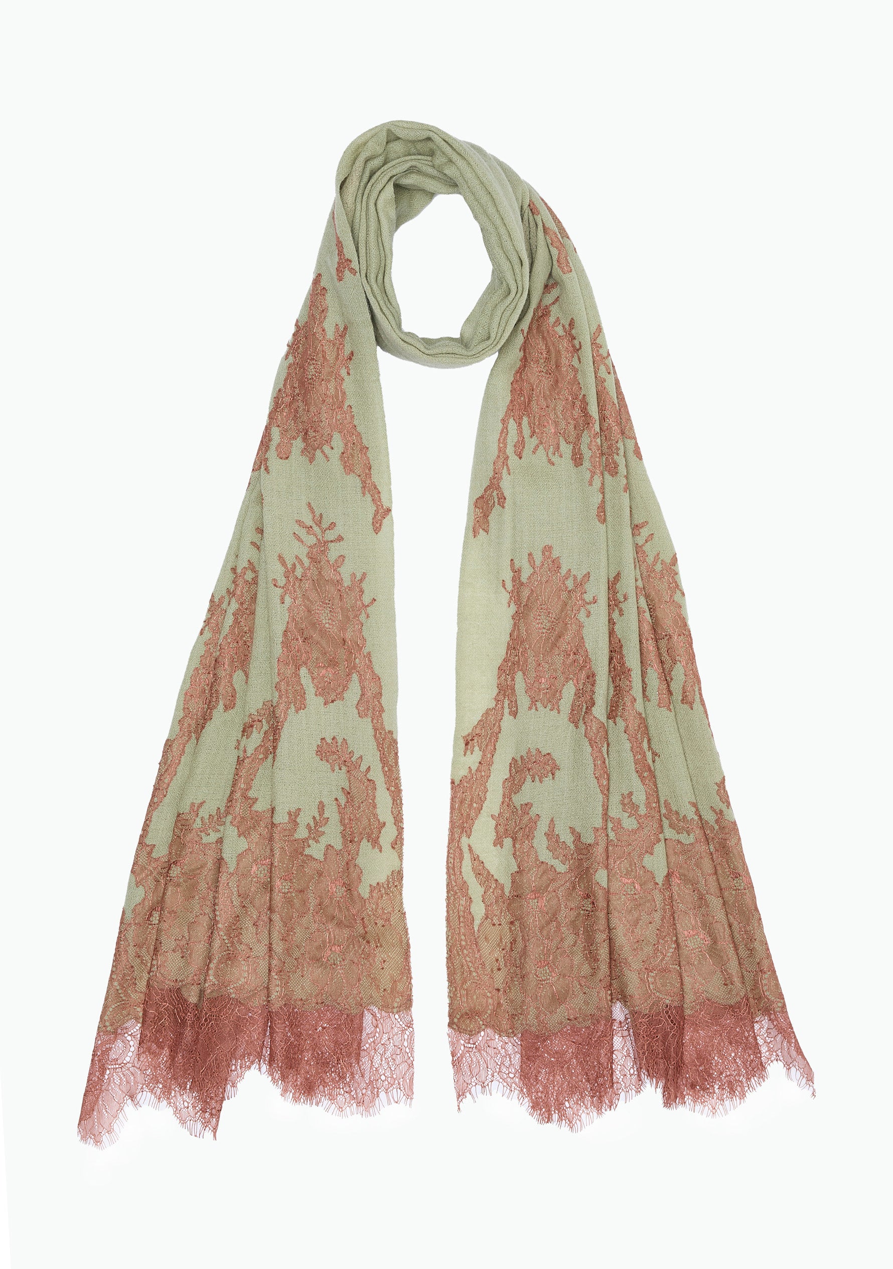 Fern Green Cashmere Scarf Mocha Mousse Lace