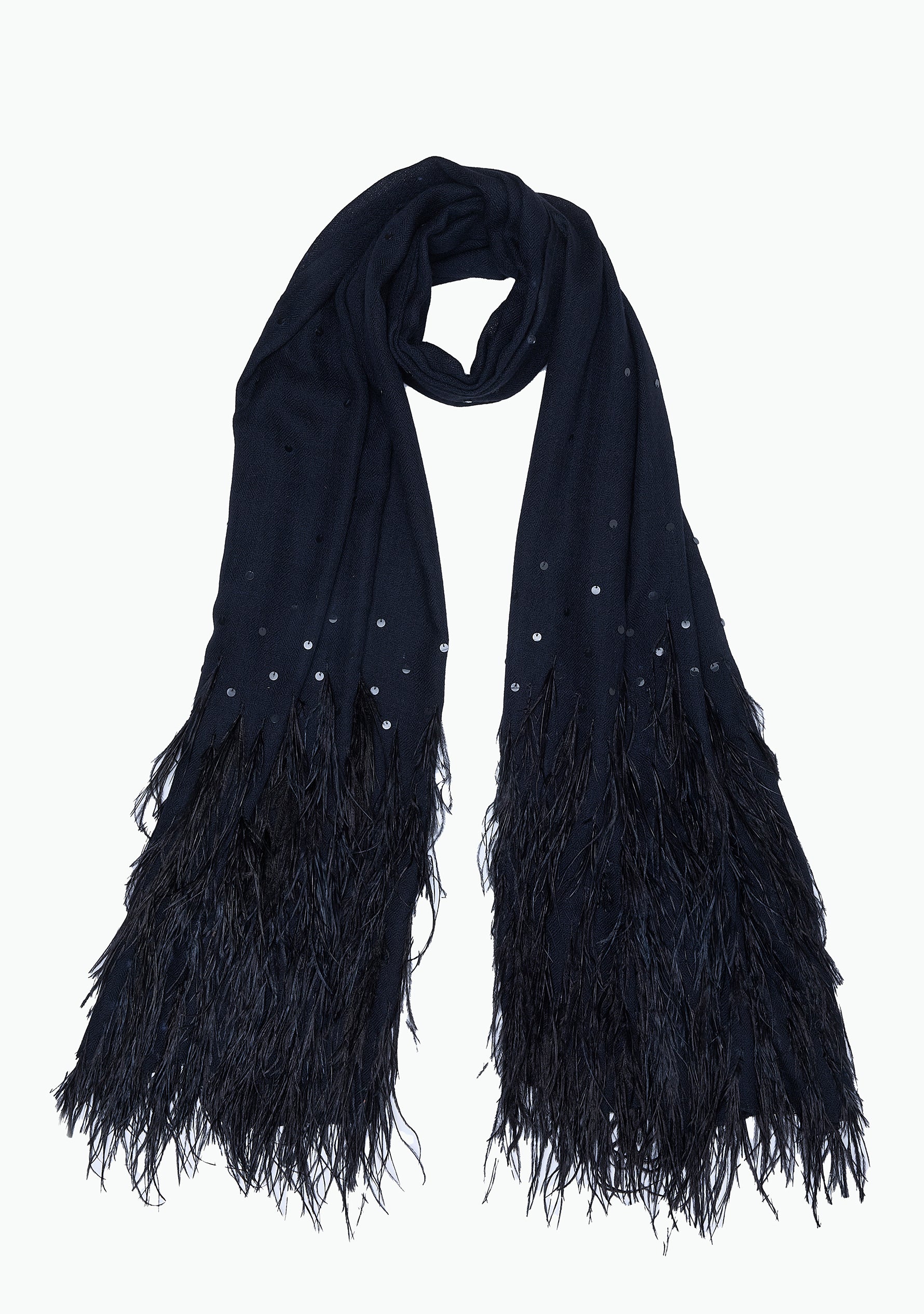 Black Cashmere Scarf with Black Ostrich Feathers and Black Sequin