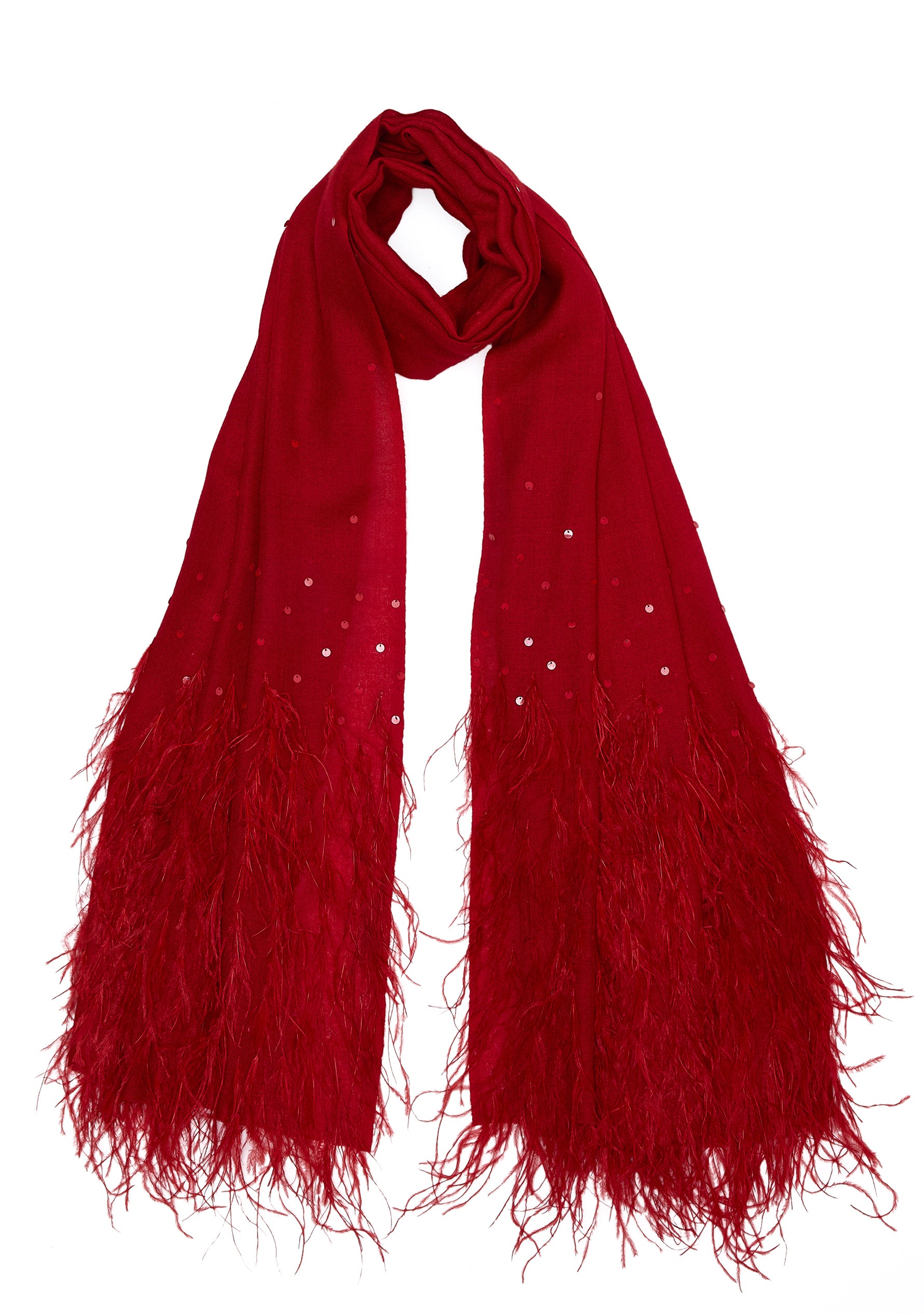 Firecracker Red Cashmere Scarf with Firecracker Red Ostrich Feathers and Firecracker Red Sequin