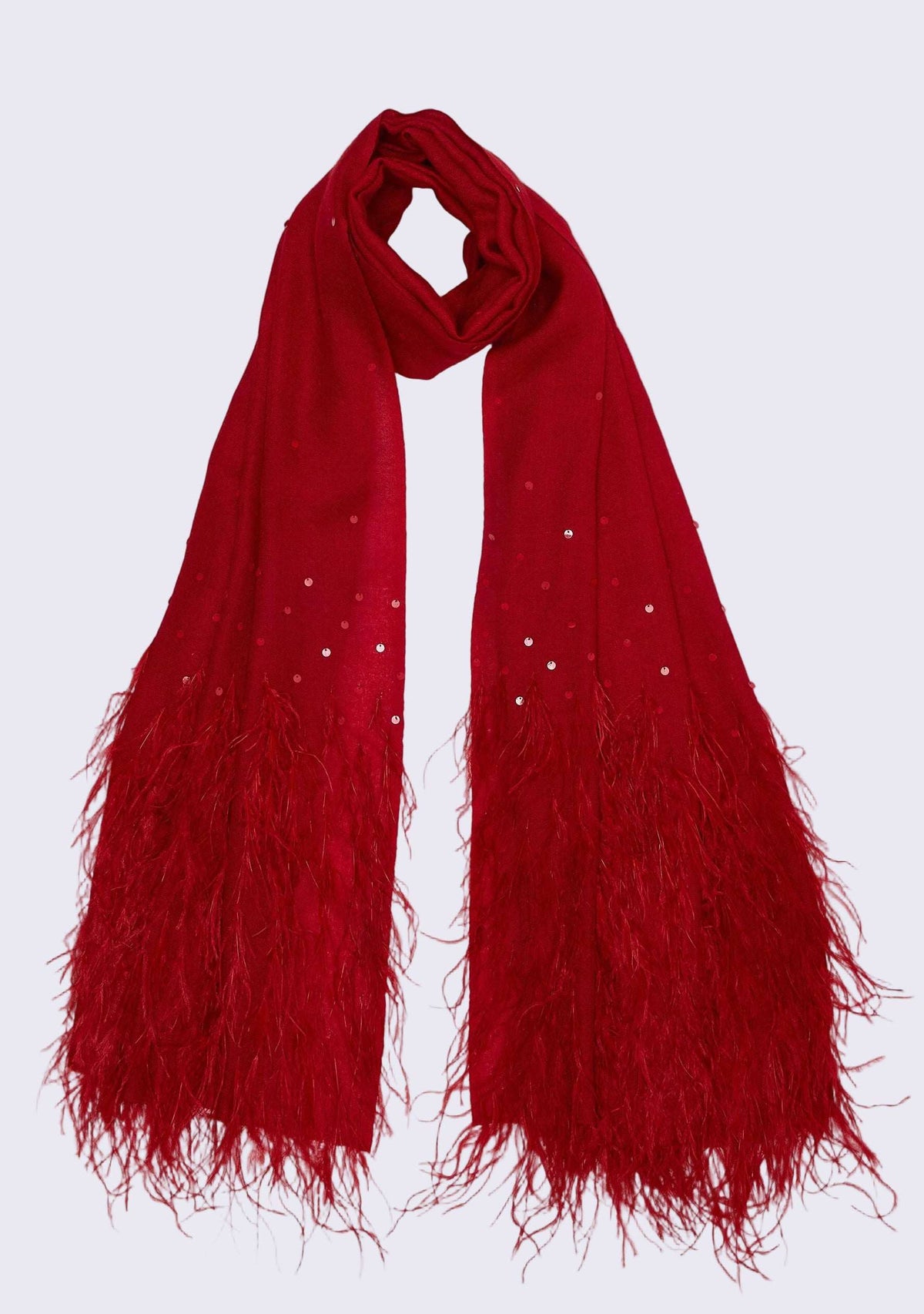 Firecracker Red Cashmere Pashmina Scarf Red Ostrich Feathers & Sequin