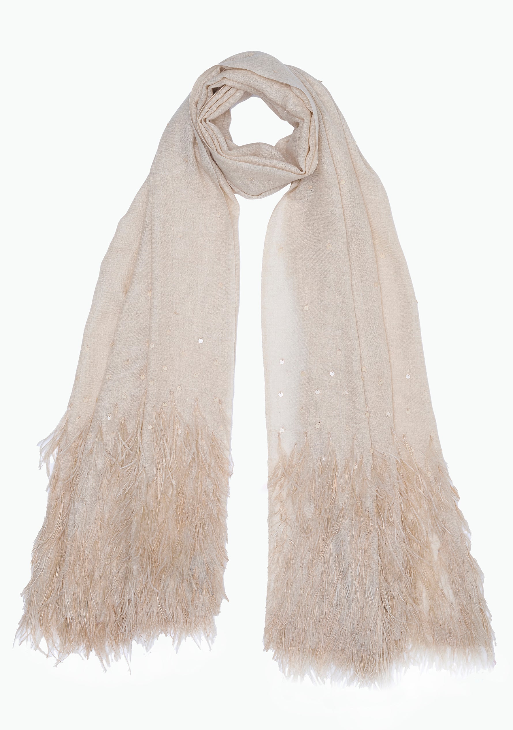 Beige Cashmere Scarf with Beige Ostrich Feathers and Beige Sequin