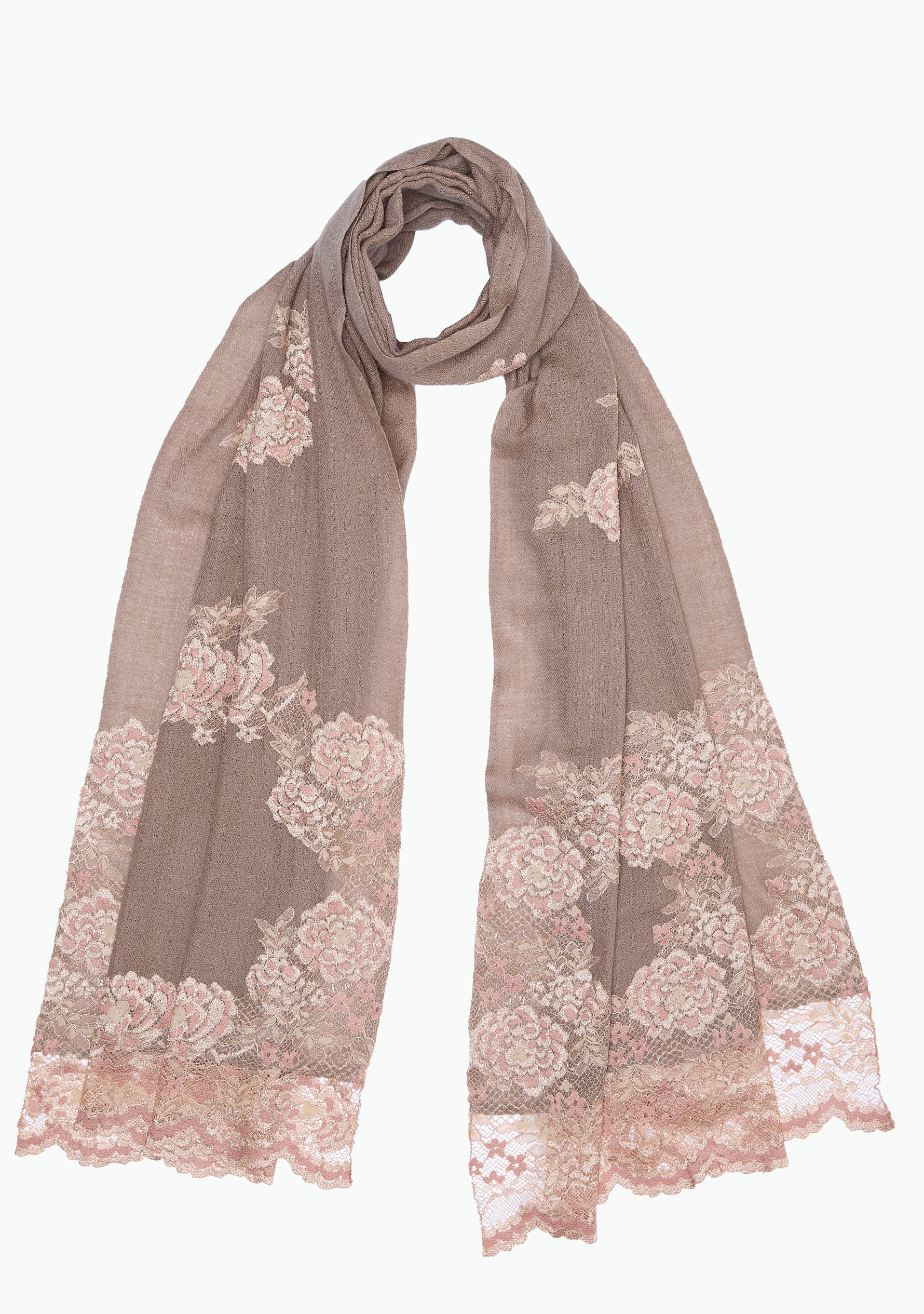 Natural Cashmere Scarf with Dual Shade Copper Chantilly Lace