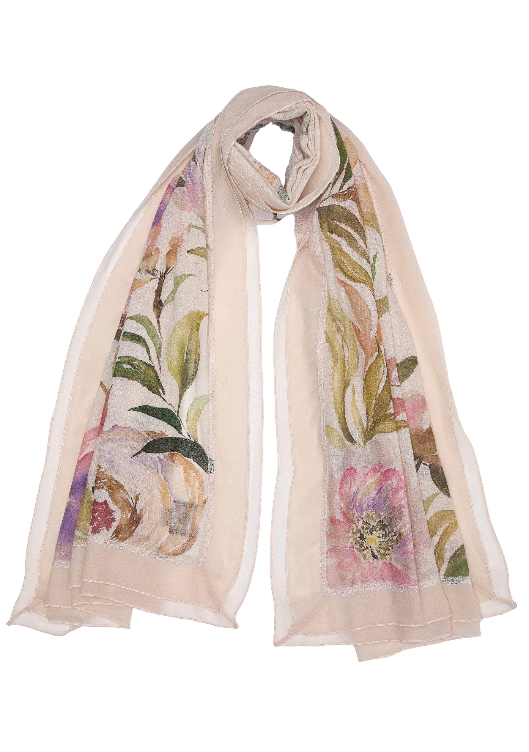 Beige Cashmere Scarf with Hand-Painted Revival Design and a Beige Frill and Lace Border