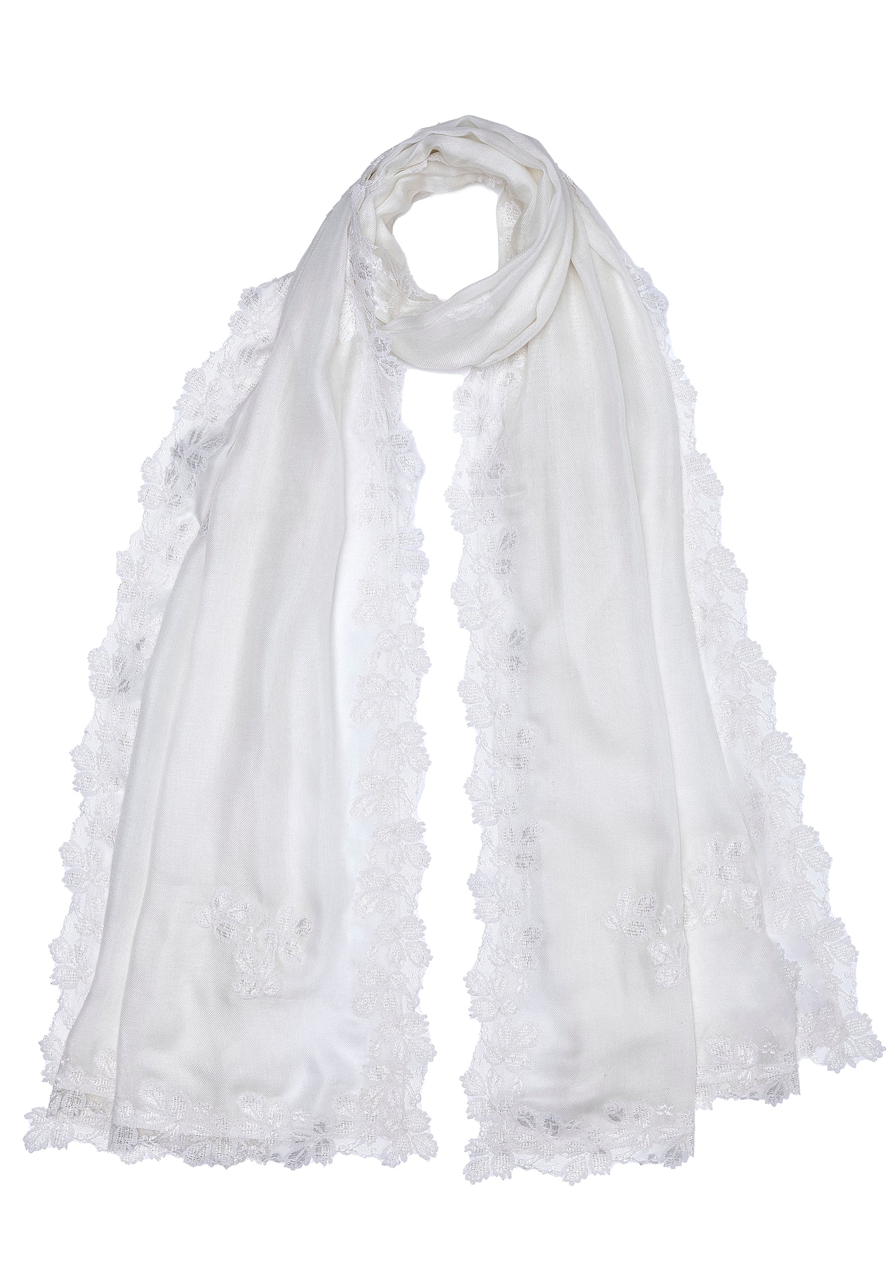 Ivory Modal Scarf with Ivory Leaf Lace Appliques & Border