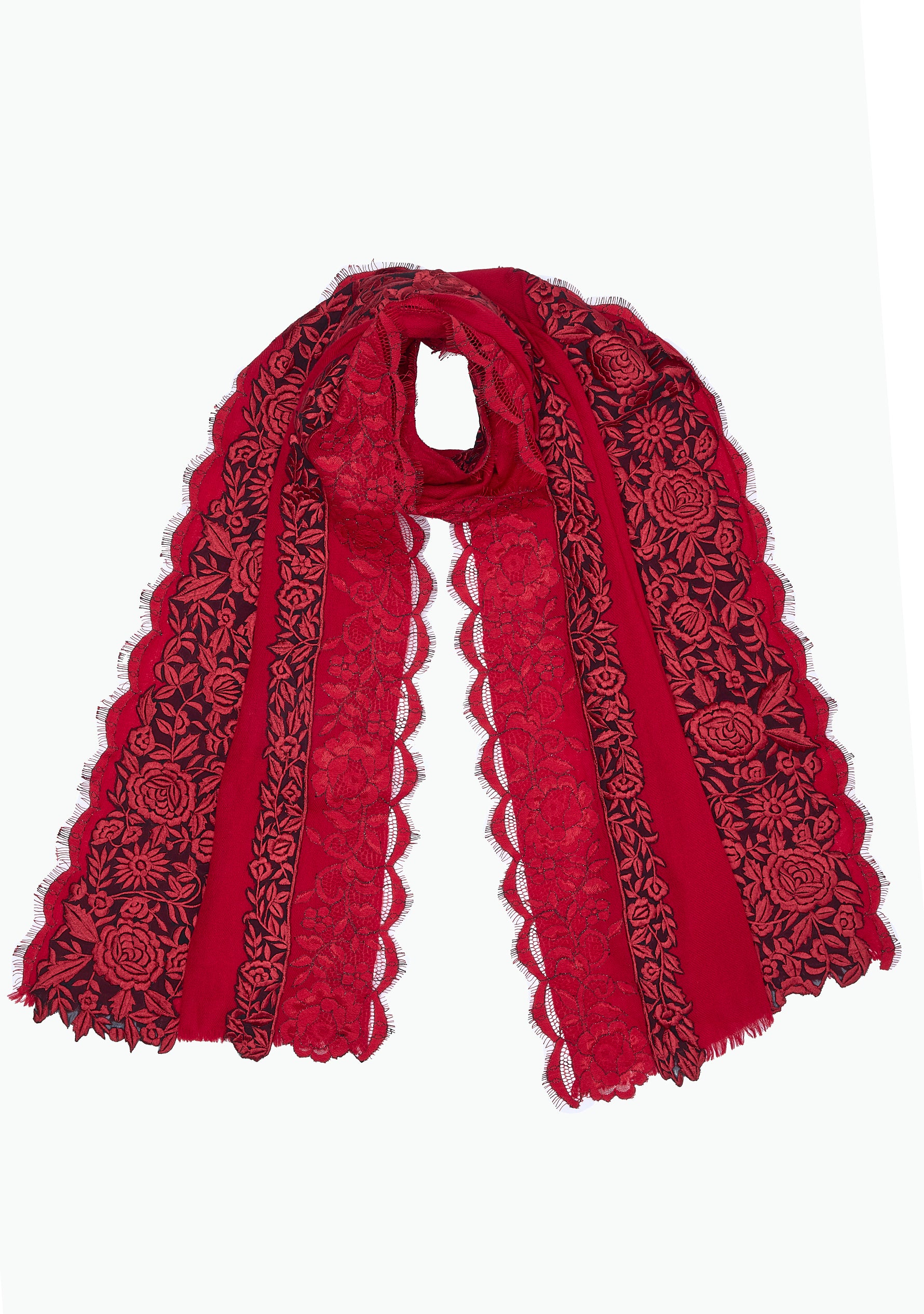 Red Cashmere Scarf with Black and Red Embroidery and Filigree Lace