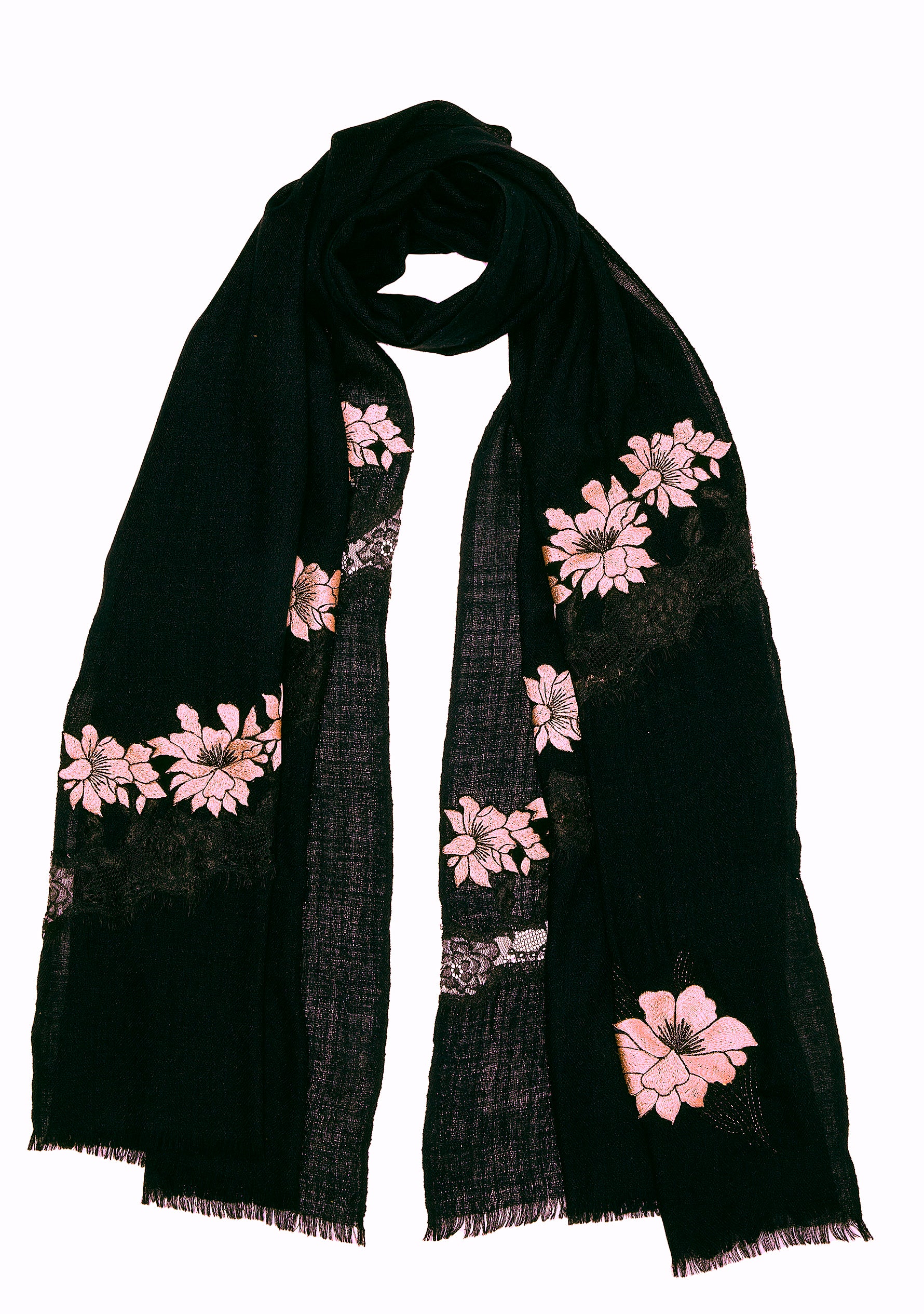 Black Cashmere Scarf with Lt. Copper Floral Embroidery and Black Filigree Lace Panel