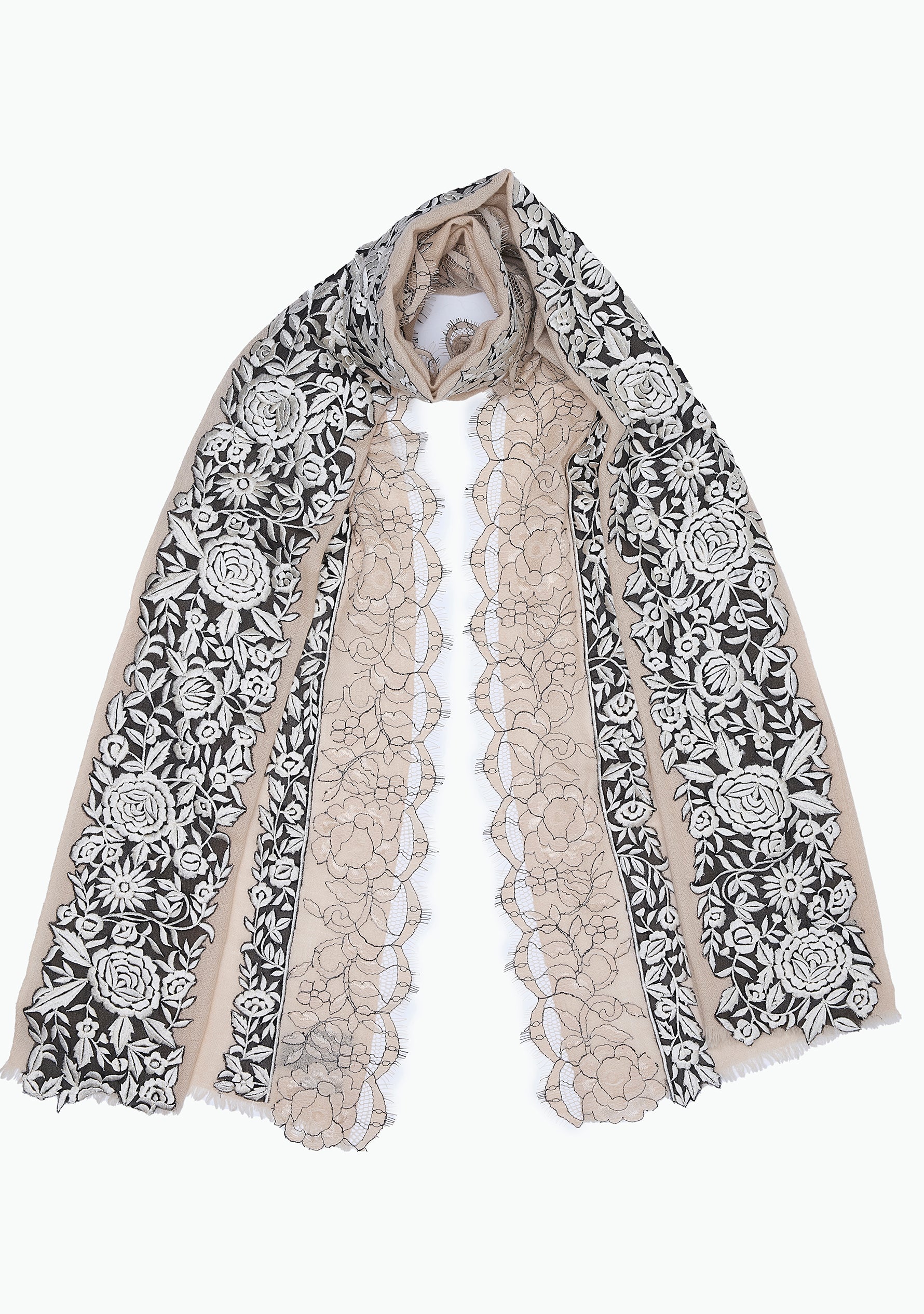 Beige Cashmere Scarf with Black and Beige Embroidery and Filigree Lace