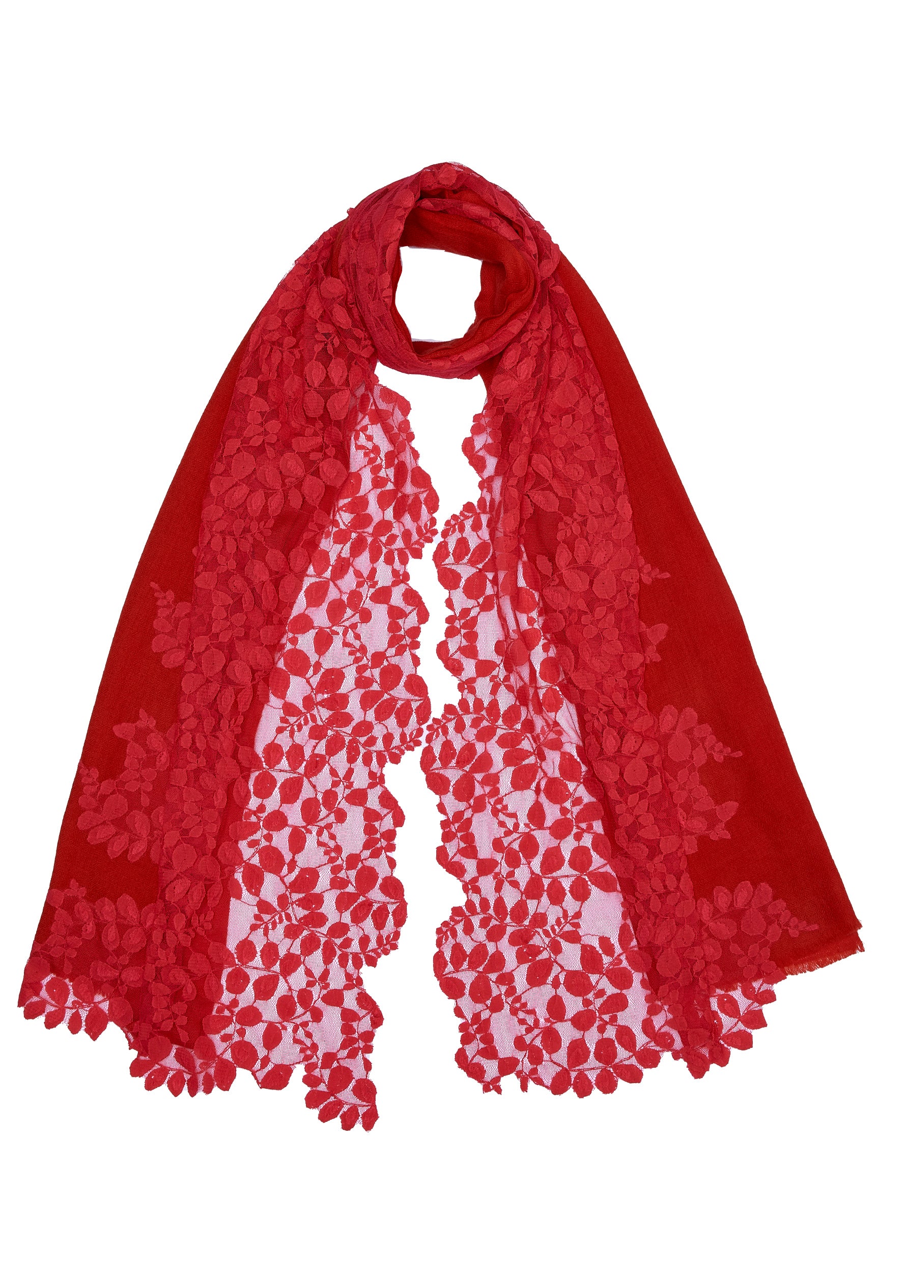 Tomato Red Wool and Silk Scarf with Tomato Red Bold Leaf Lace