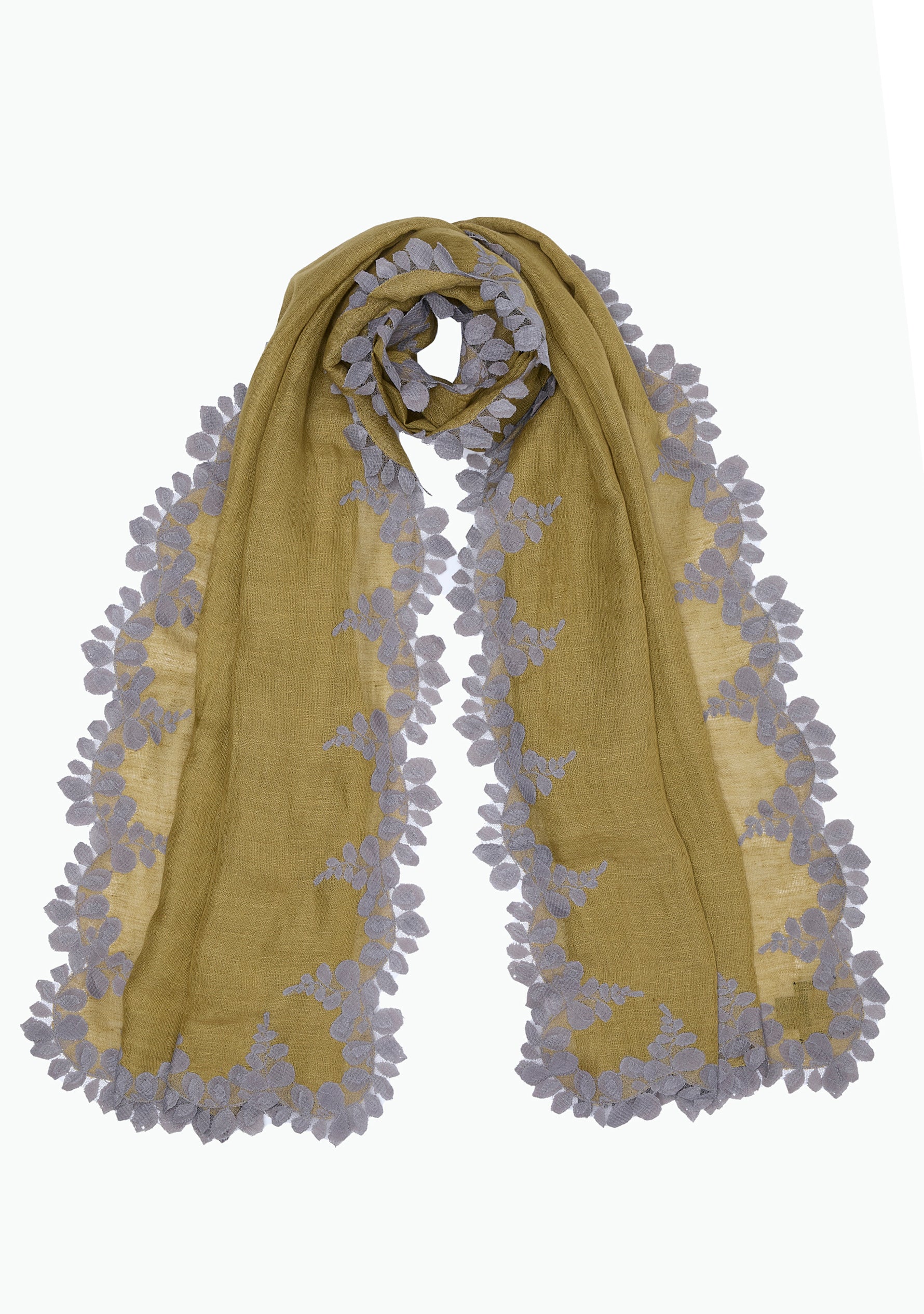 Mustard Linen and Modal Scarf with a Mousse Scalloped Lace Border