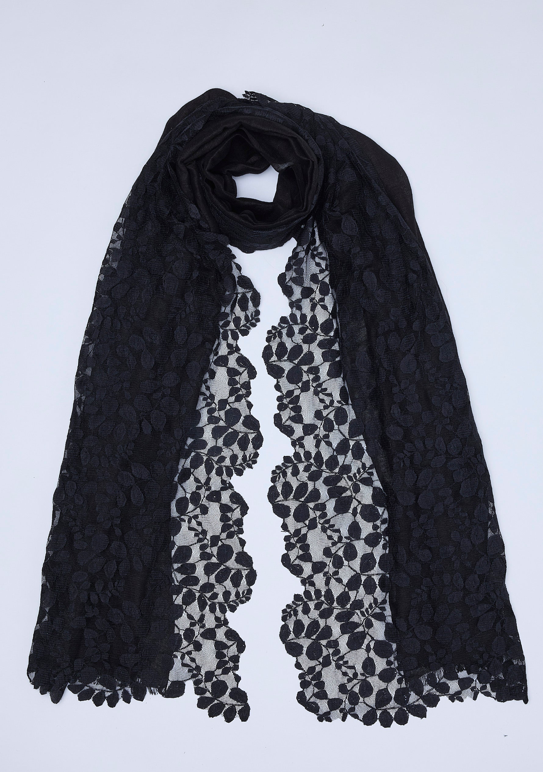 Black Linen and Modal Scarf with a Black Bold Leaf Lace