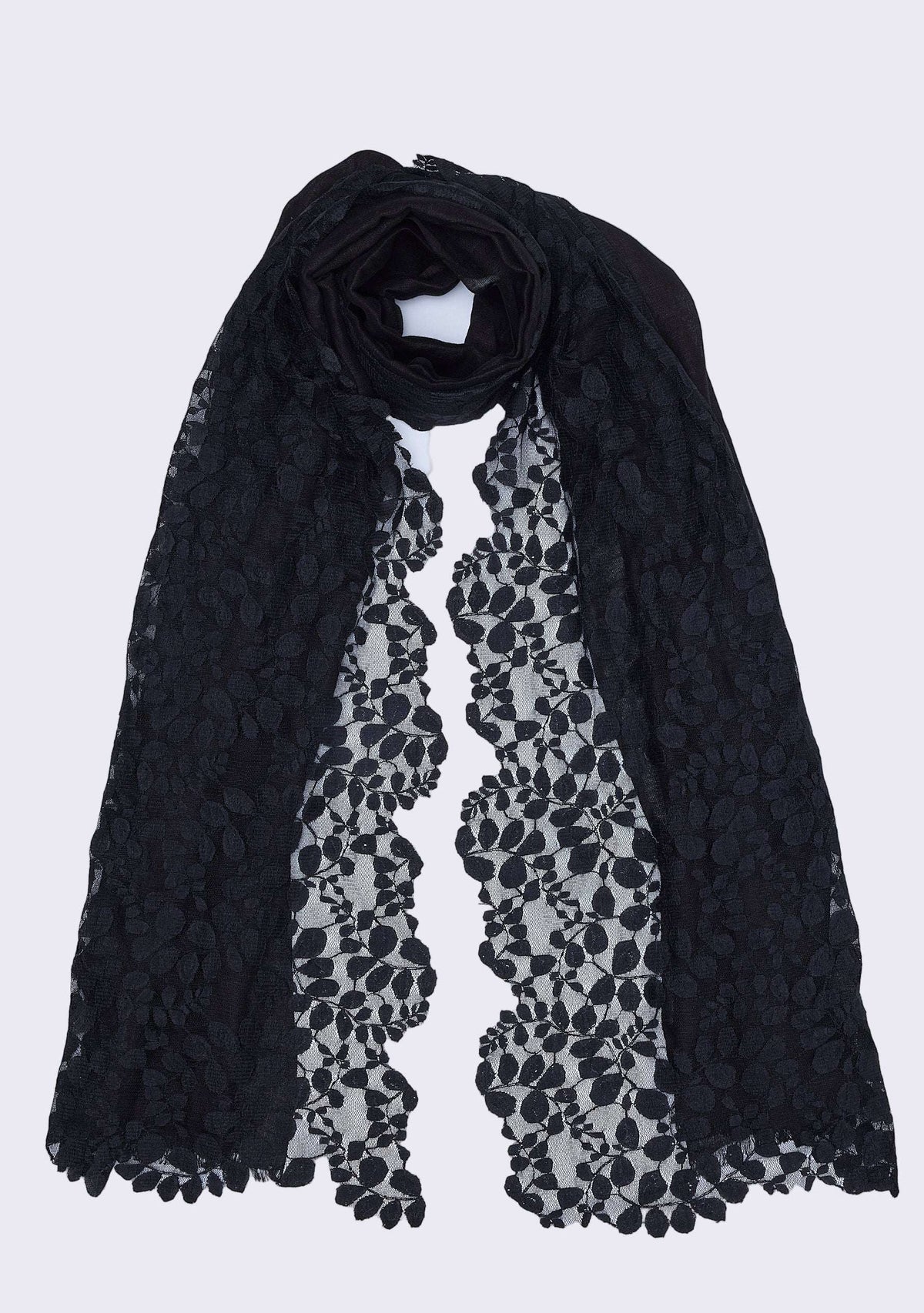 Black Linen & Modal Scarf with Black Lace