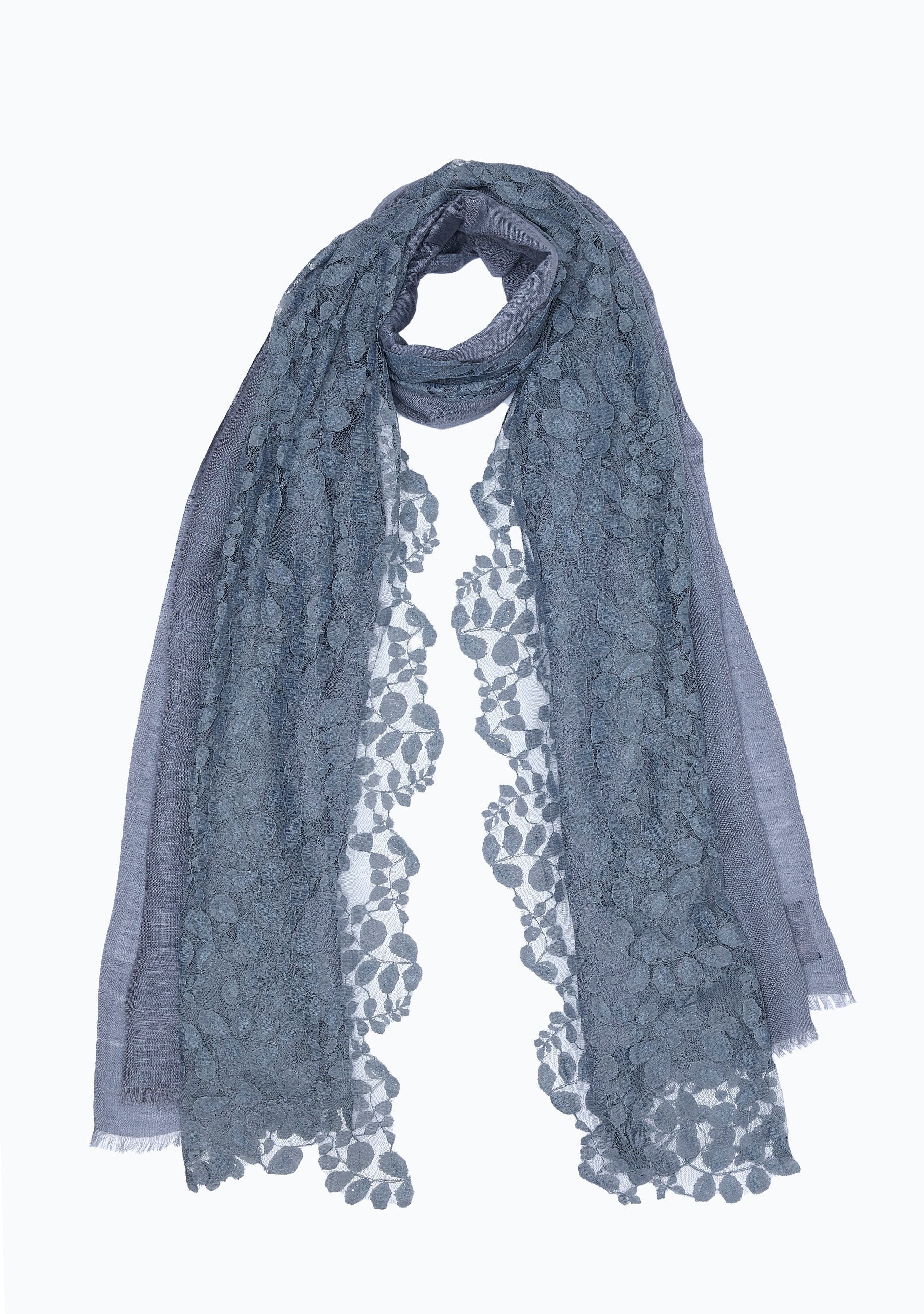 Grey Linen and Modal Scarf with a Grey Bold Leaf Lace