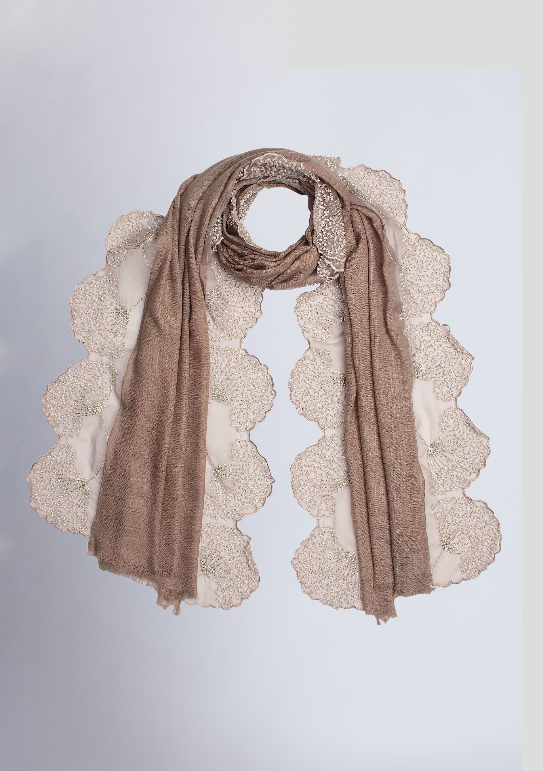 Taupe Cashmere Scarf with Ivory Pearl Embroidered Borders