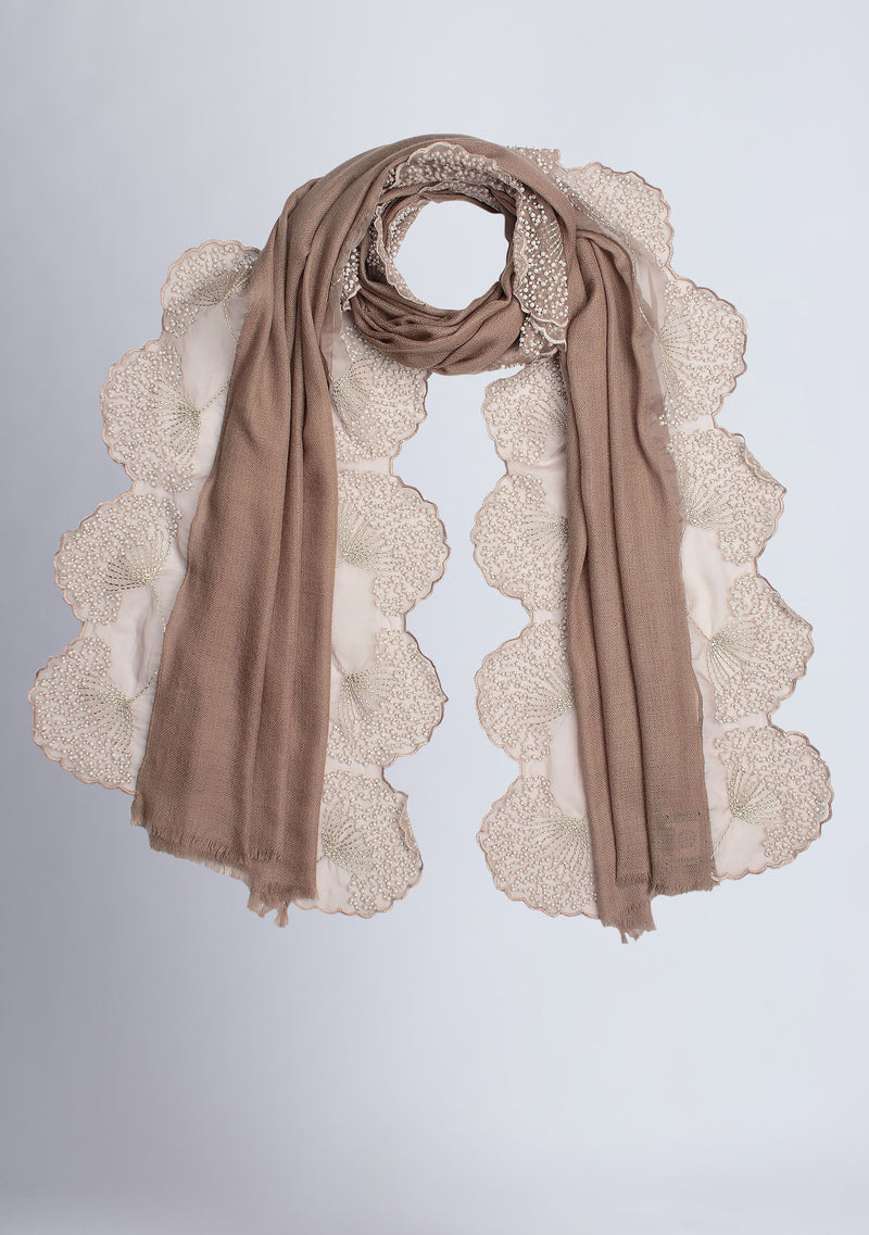 Taupe Cashmere Scarf with Ivory Pearl Embroidered Borders