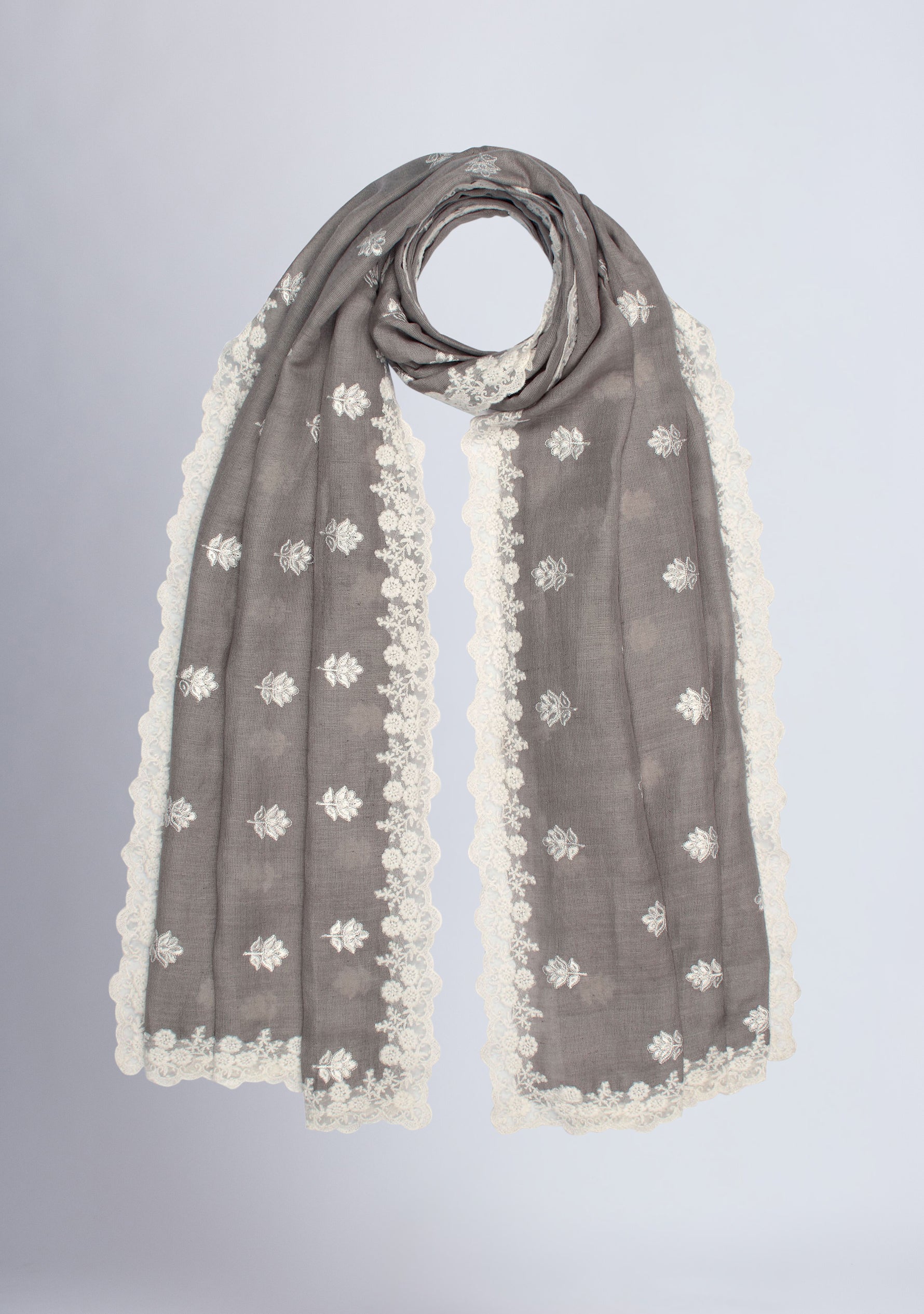 Mousse Linen and Modal Scarf with White Floral Embroidery and White Floral Lace Border