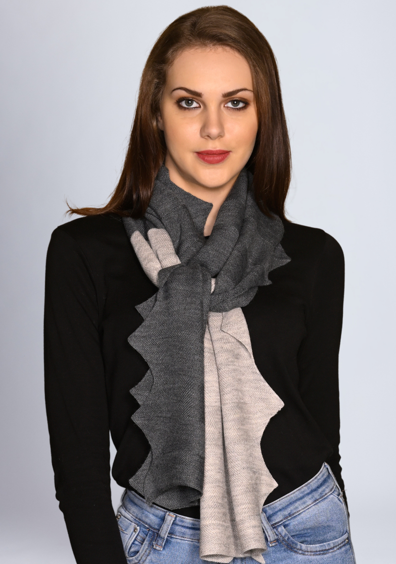 Dual Color Dk. Grey and Lt. Grey Melange Knitted Fine Wool Zig Zag Scarf