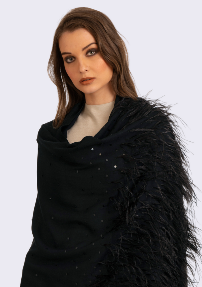 Black Cashmere Pashmina Scarf Black Ostrich Feathers & Sequin