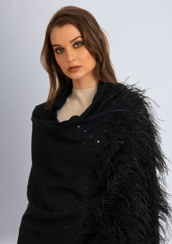 Black Cashmere Scarf with Black Ostrich Feathers and Black Sequin