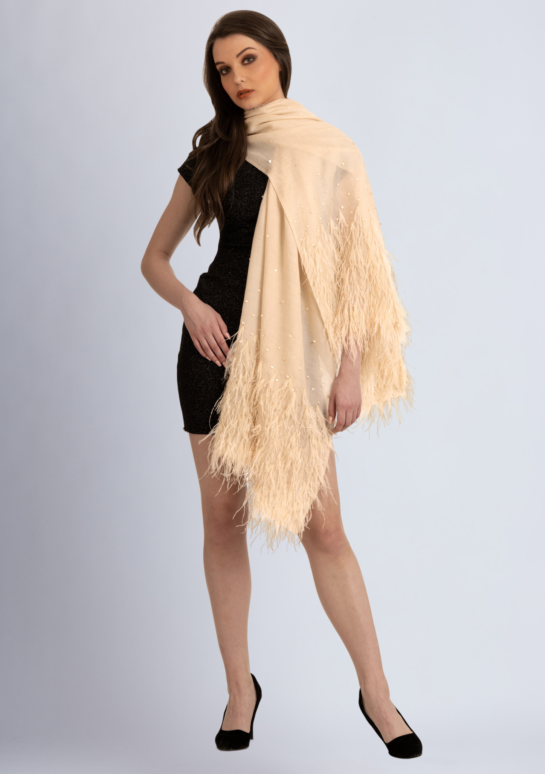 Beige Cashmere Scarf with Beige Ostrich Feathers and Beige Sequin