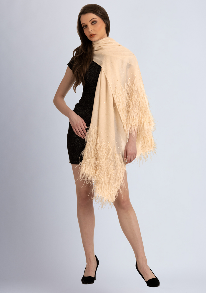 Beige Cashmere Pashmina ScarfBeige Ostrich Feathers & Sequin