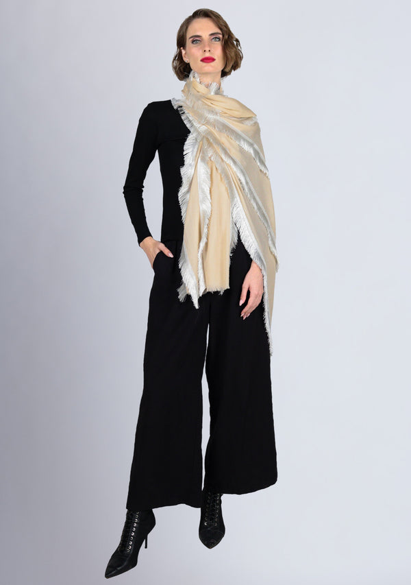 Beige Wool and Silk Scarf with White Fringe Panels