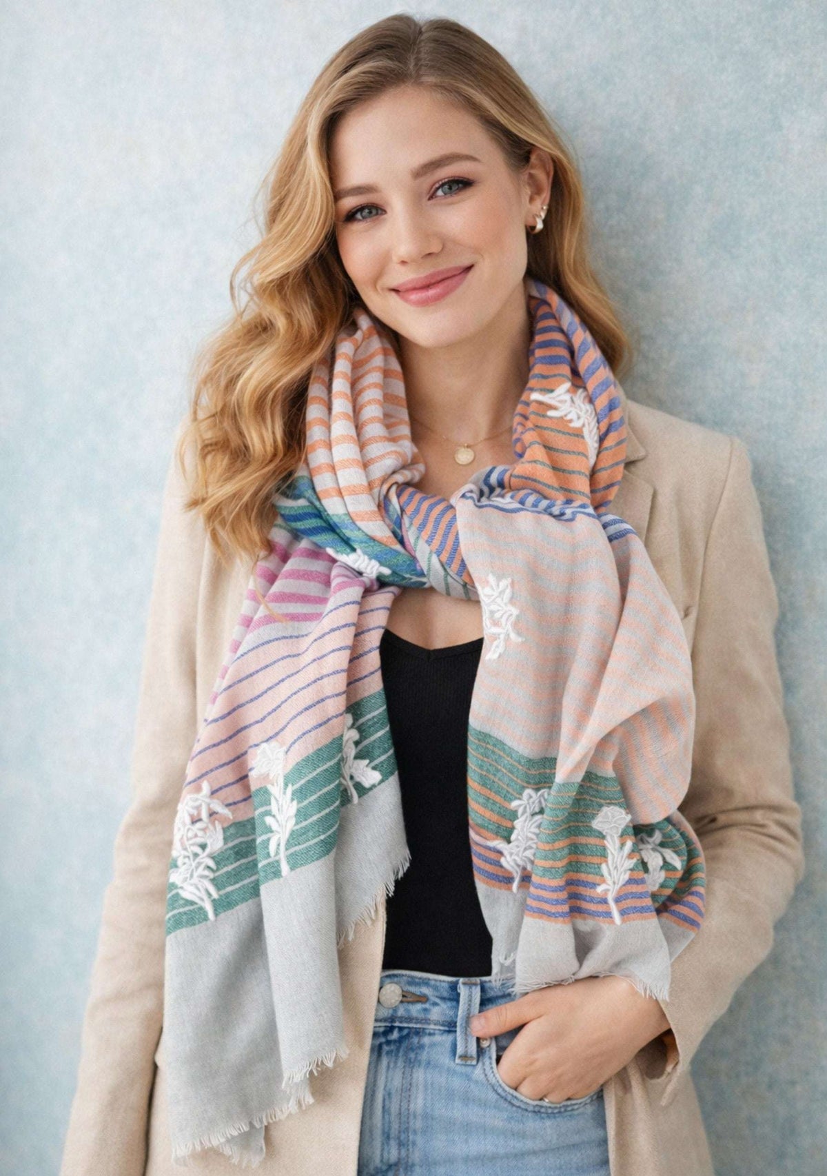 Multi-Striped Wool & Silk ScarfIvory Applique