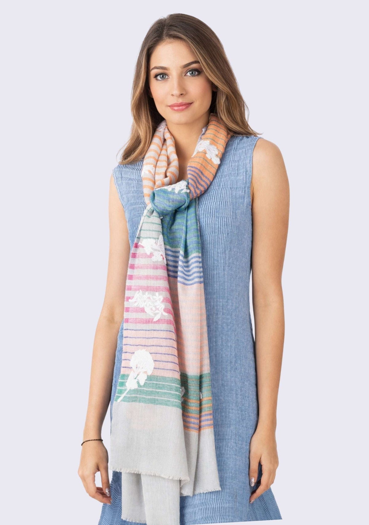 Multi-Striped Wool & Silk ScarfIvory Applique